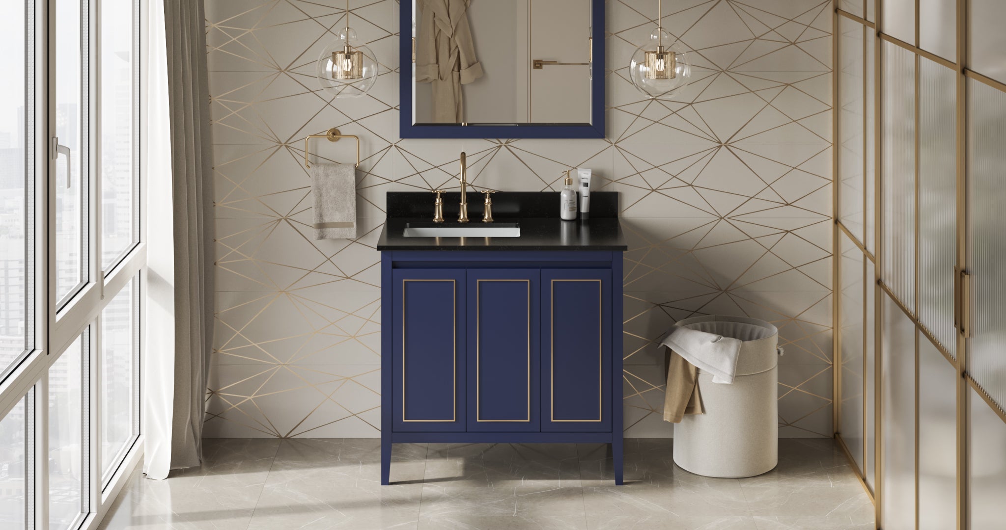 36" Hale Blue Percival Vanity, left offset, Black Granite Vanity Top, undermount rectangle bowl | KitchBath