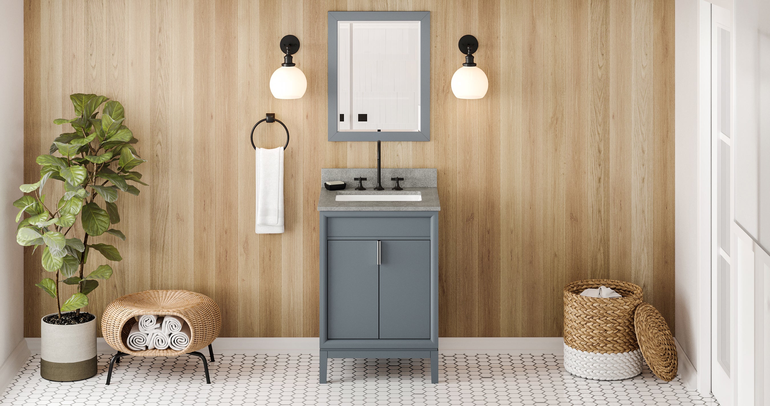 24" Blue Steel Theodora Vanity, Steel Grey Cultured Marble Vanity Top, undermount rectangle bowl | KitchBath