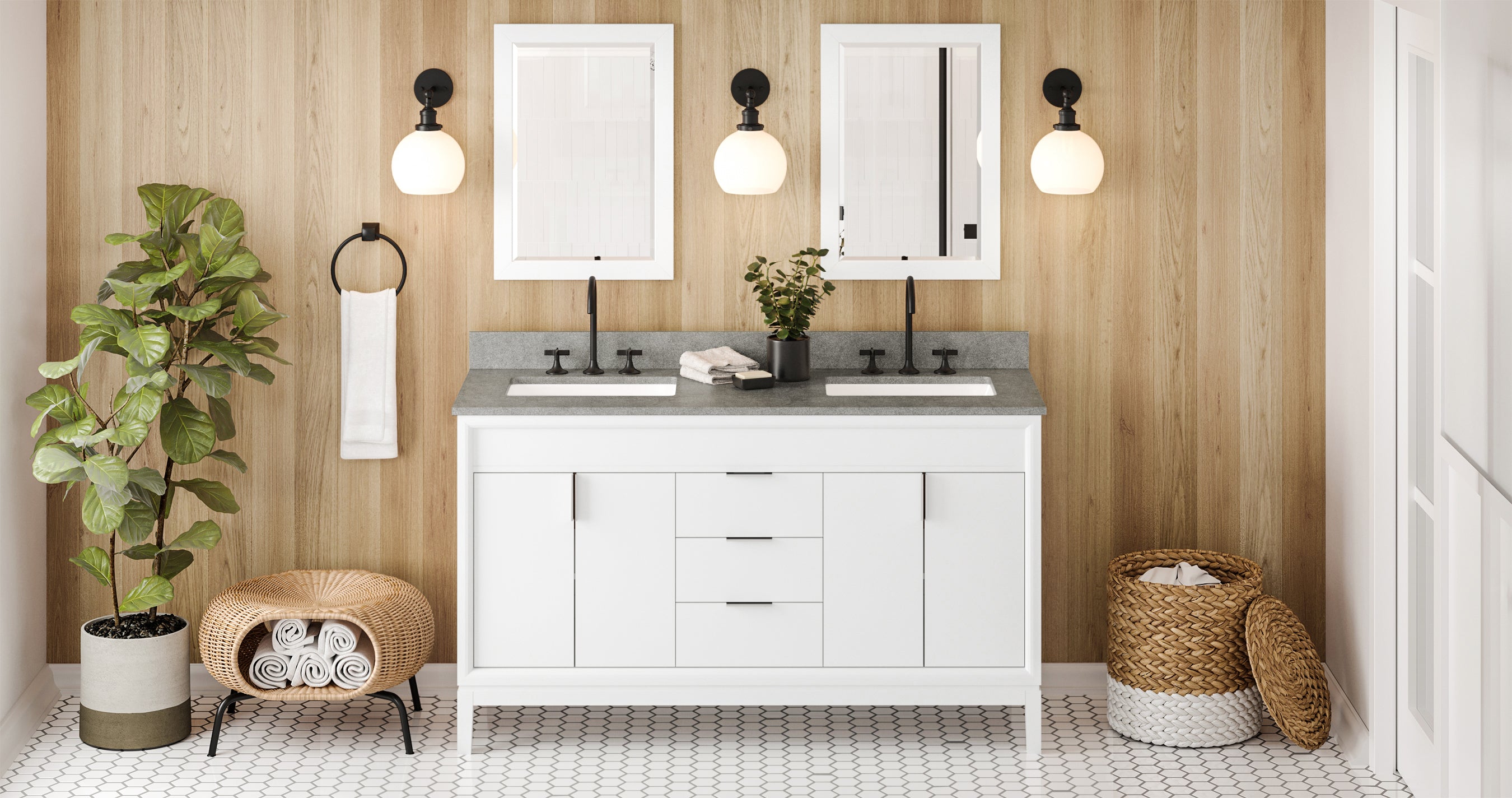 60" White Theodora Vanity, double bowl, Steel Grey Cultured Marble Vanity Top, two undermount rectangle bowls | KitchBath