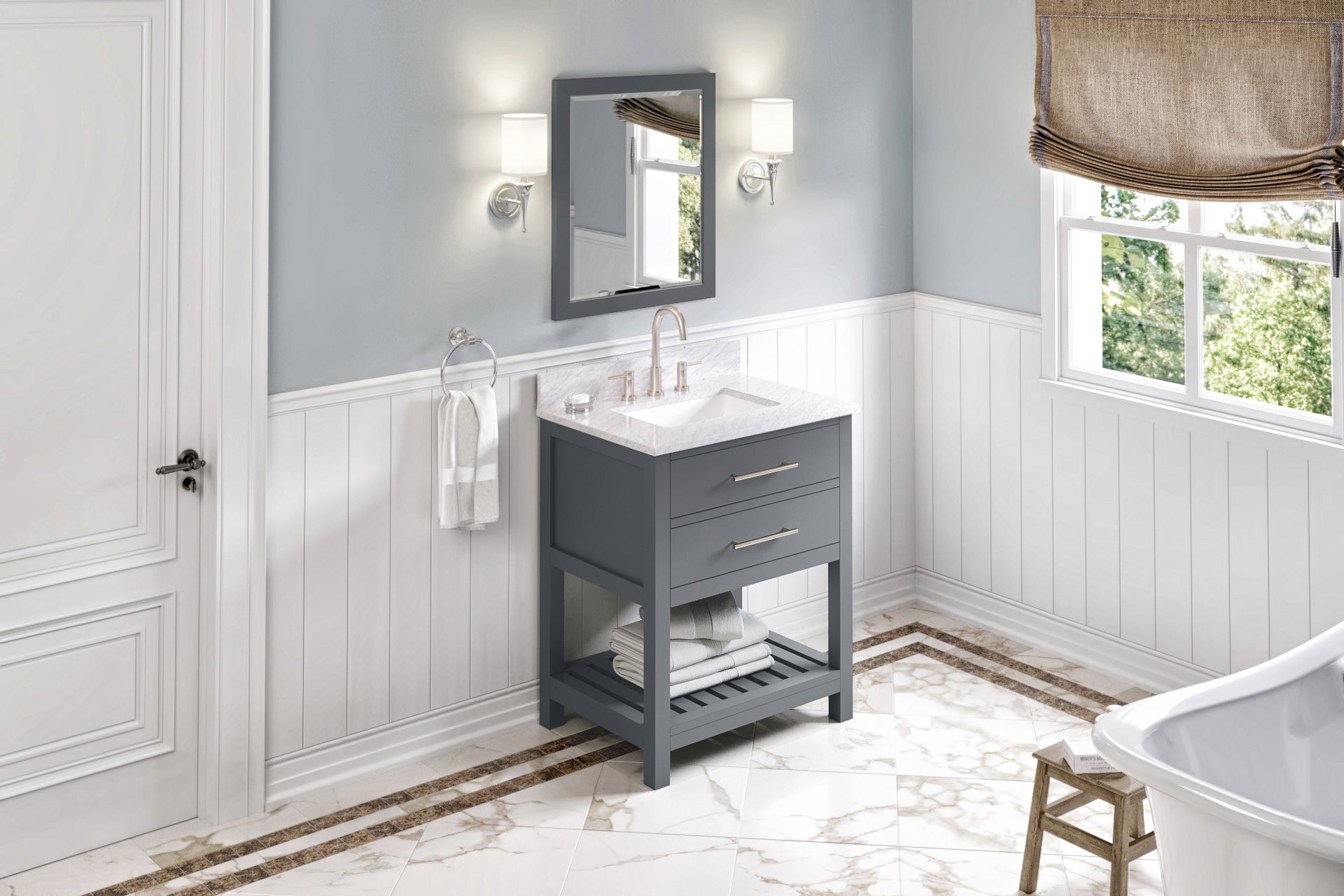 30" Grey Wavecrest Vanity, White Carrara Marble Vanity Top, undermount rectangle bowl