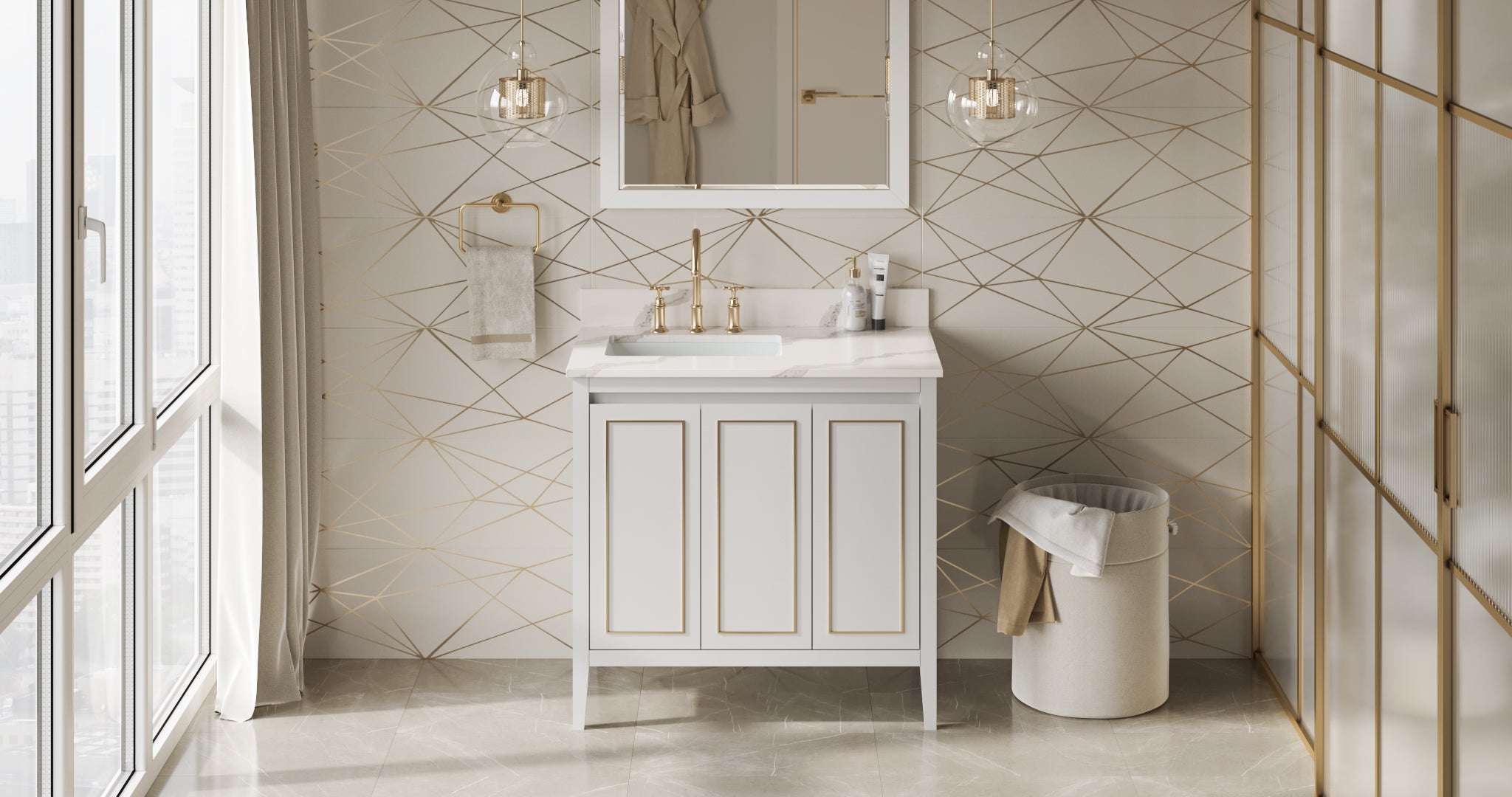 36" White Percival Vanity, left offset | KitchBath