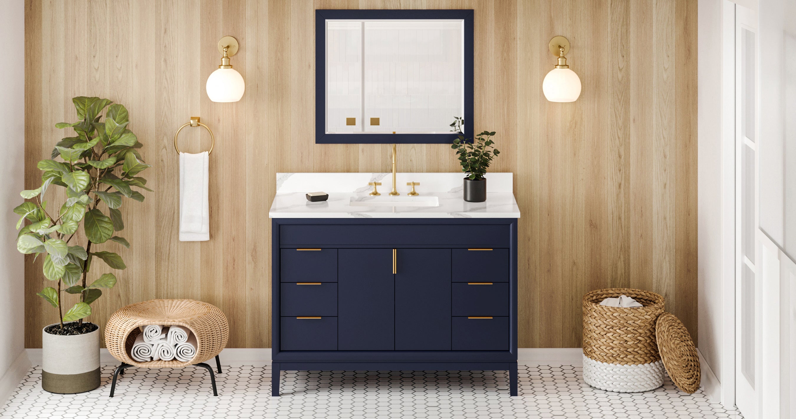 48" Hale Blue Theodora Vanity, Calacatta Vienna Quartz Vanity Top, undermount rectangle bowl | KitchBath