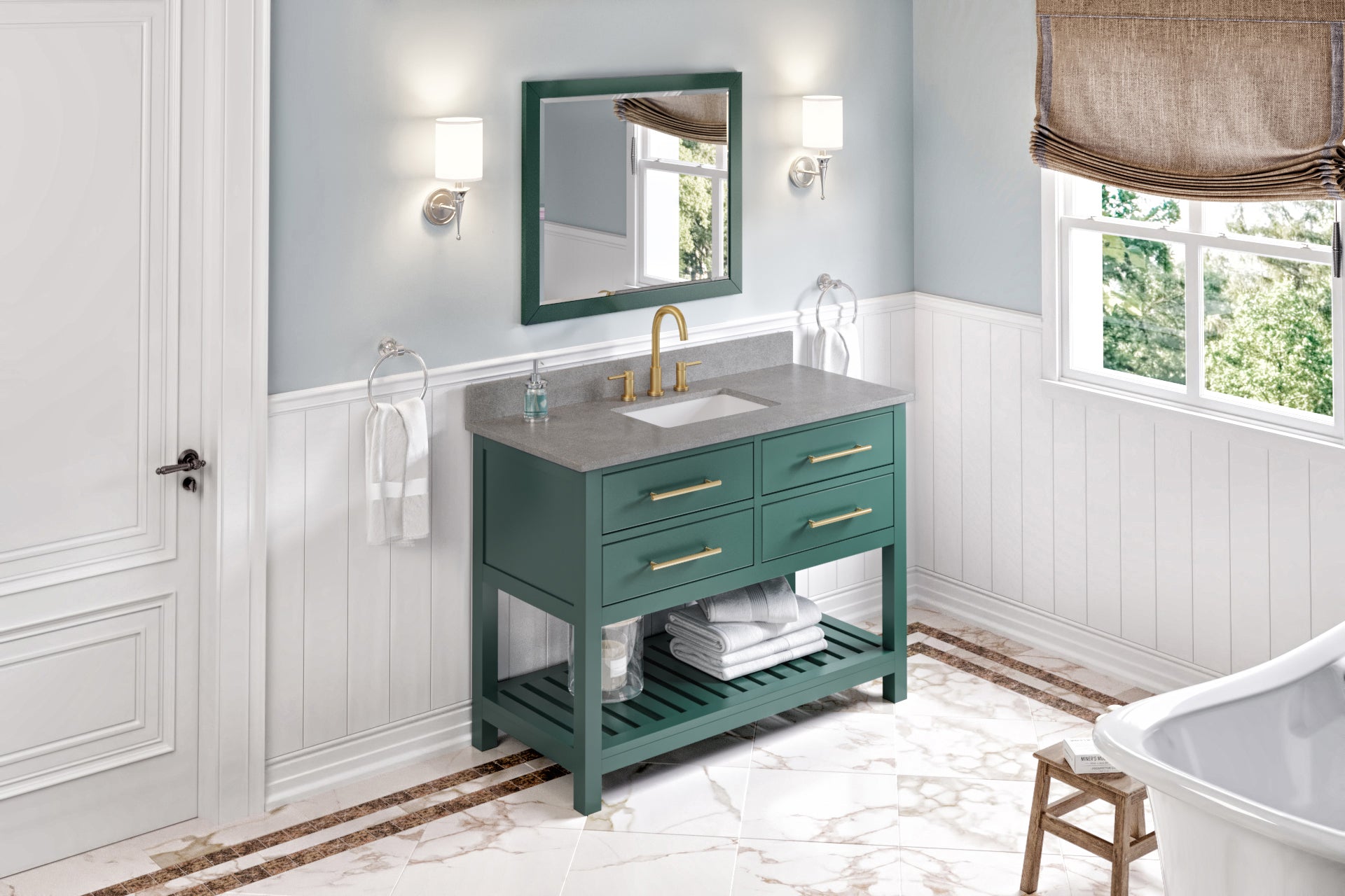 48" Forest Green Wavecrest Vanity, Steel Grey Cultured Marble Vanity Top, undermount rectangle bowl