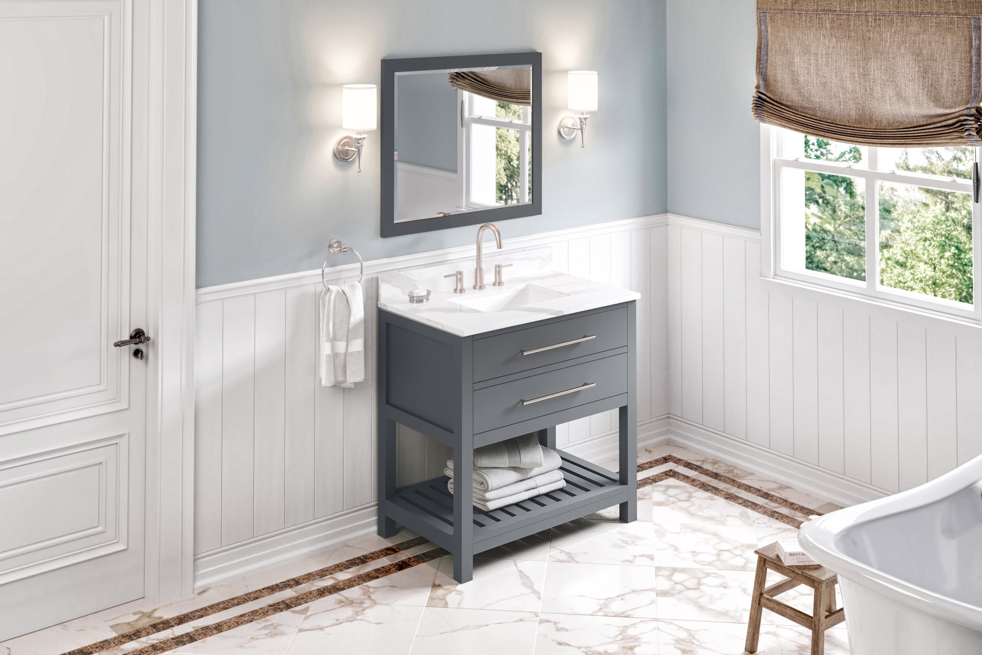 36" Grey Wavecrest Vanity, Calacatta Vienna Quartz Vanity Top, undermount rectangle bowl