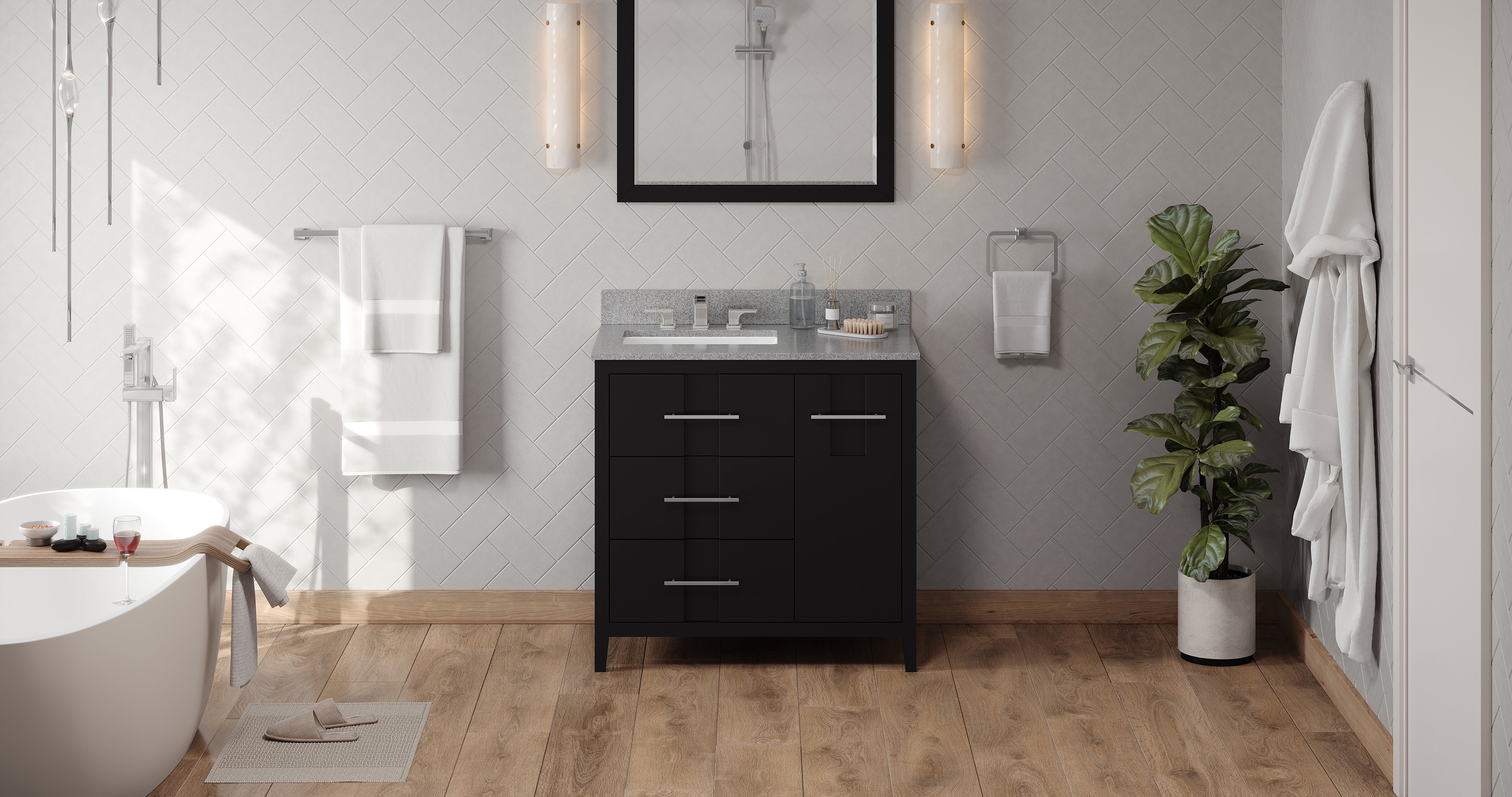 36" Black Katara Vanity, left offset, Steel Grey Cultured Marble Vanity Top, undermount rectangle bowl | KitchBath