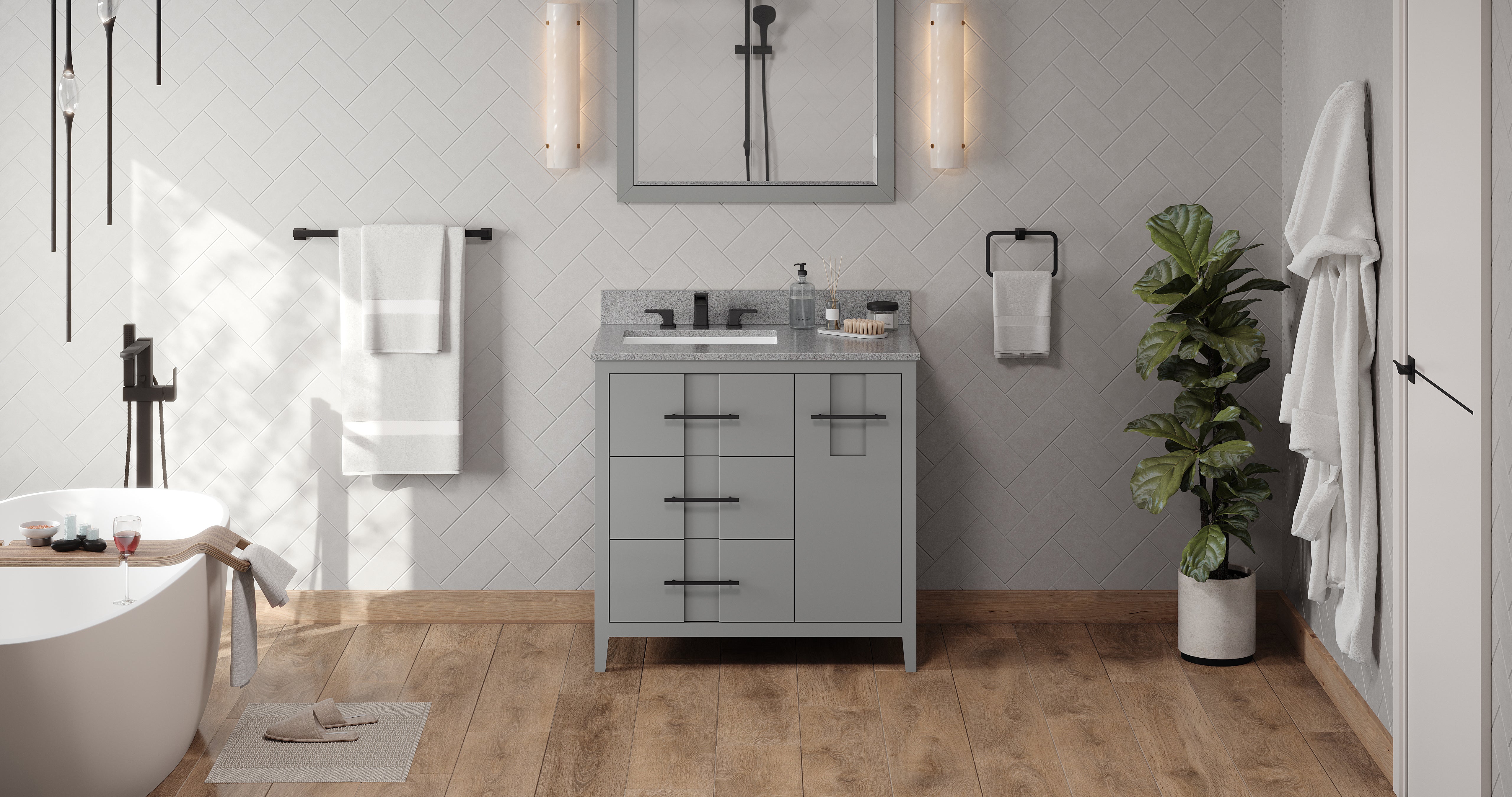 36" Grey Katara Vanity, left offset, Steel Grey Cultured Marble Vanity Top, undermount rectangle bowl | KitchBath