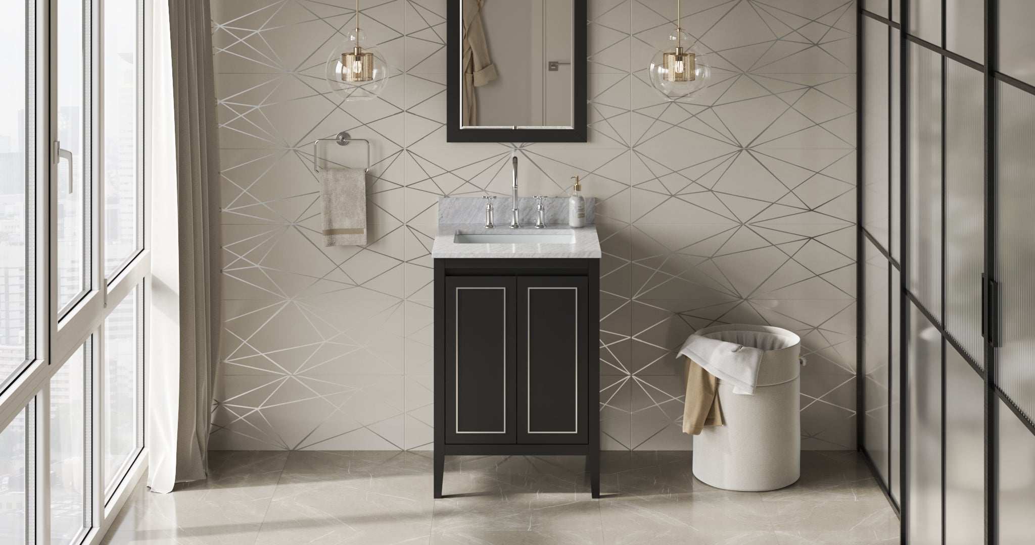 24" Black Percival Vanity, White Carrara Marble Vanity Top, undermount rectangle bowl | KitchBath