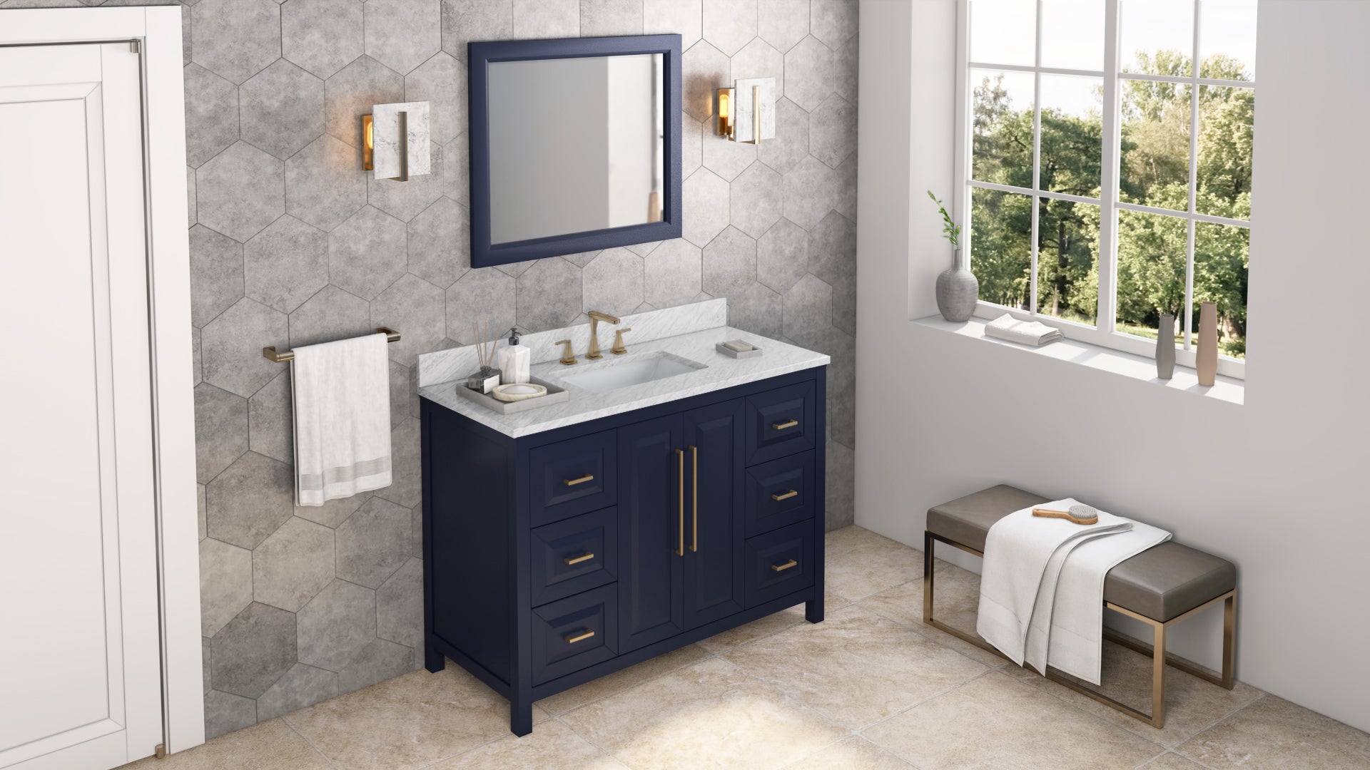 48" Hale Blue Cade Vanity, White Carrara Marble Vanity Top, undermount rectangle bowl
