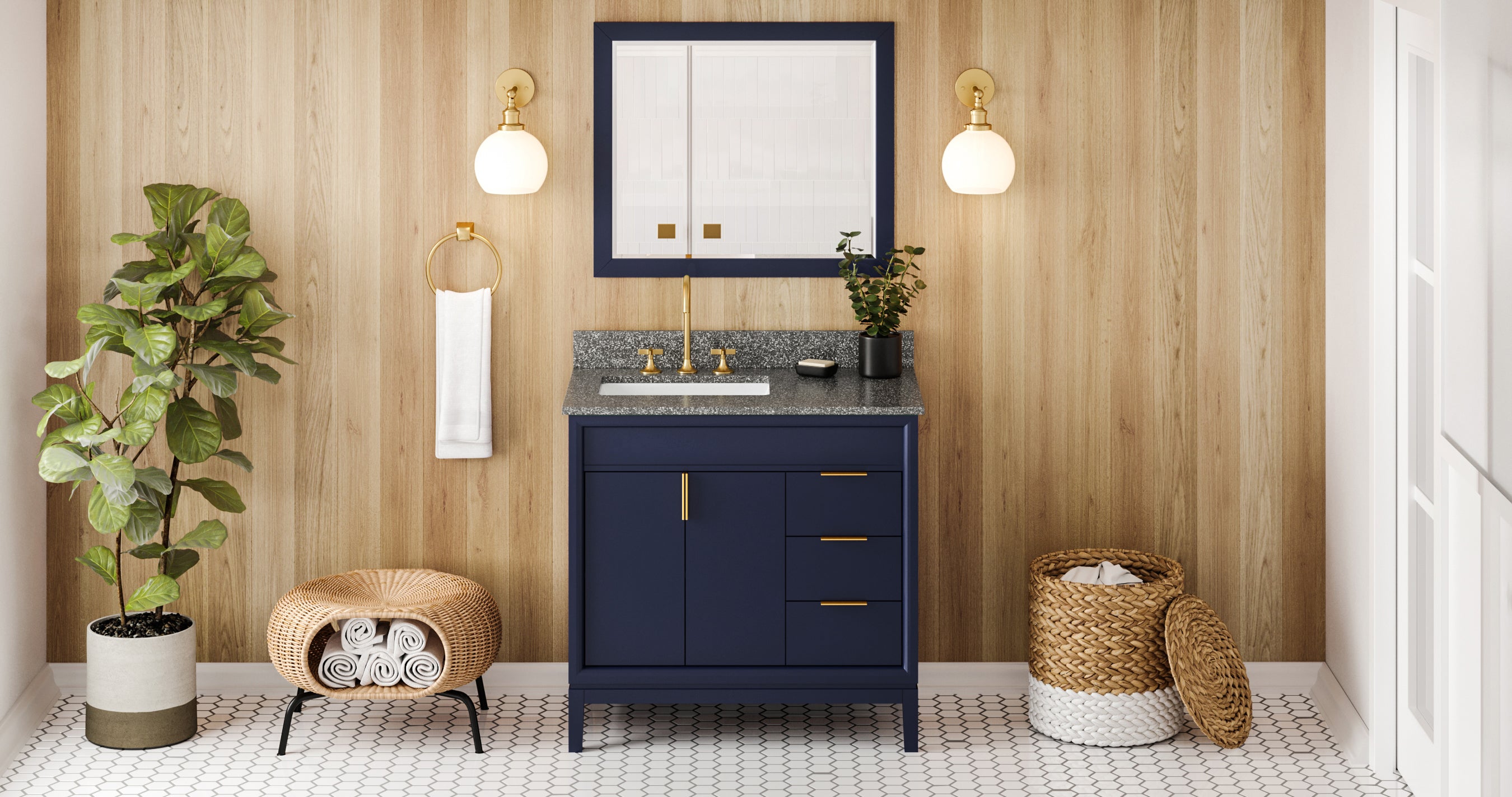 36" Hale Blue Theodora Vanity, left offset, Boulder Vanity Cultured Marble Vanity Top, undermount rectangle bowl | KitchBath