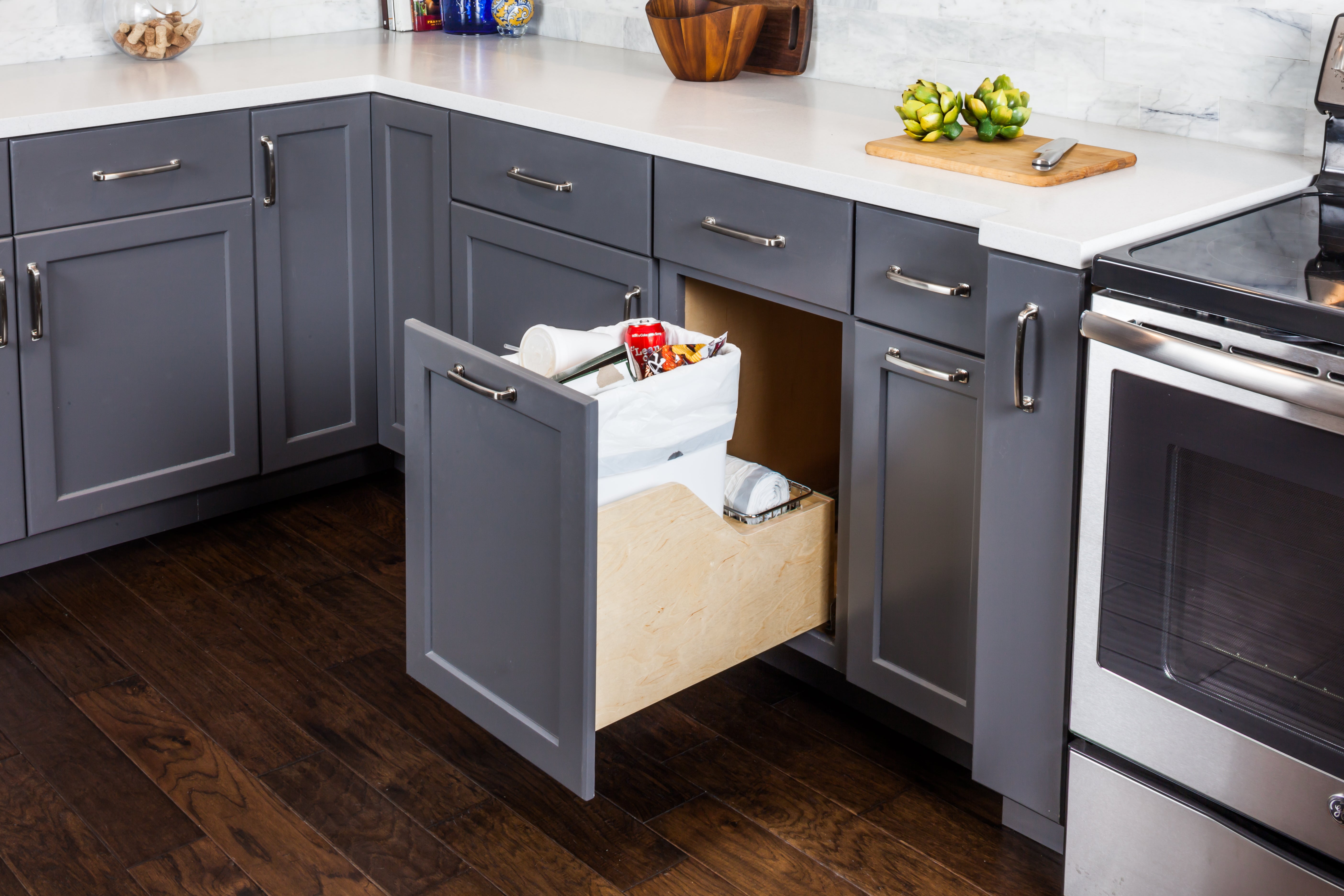 Single 35 Quart Wood Bottom-Mount Soft-close Trashcan Rollout for Door Mounting, Includes One White Can | KitchBath
