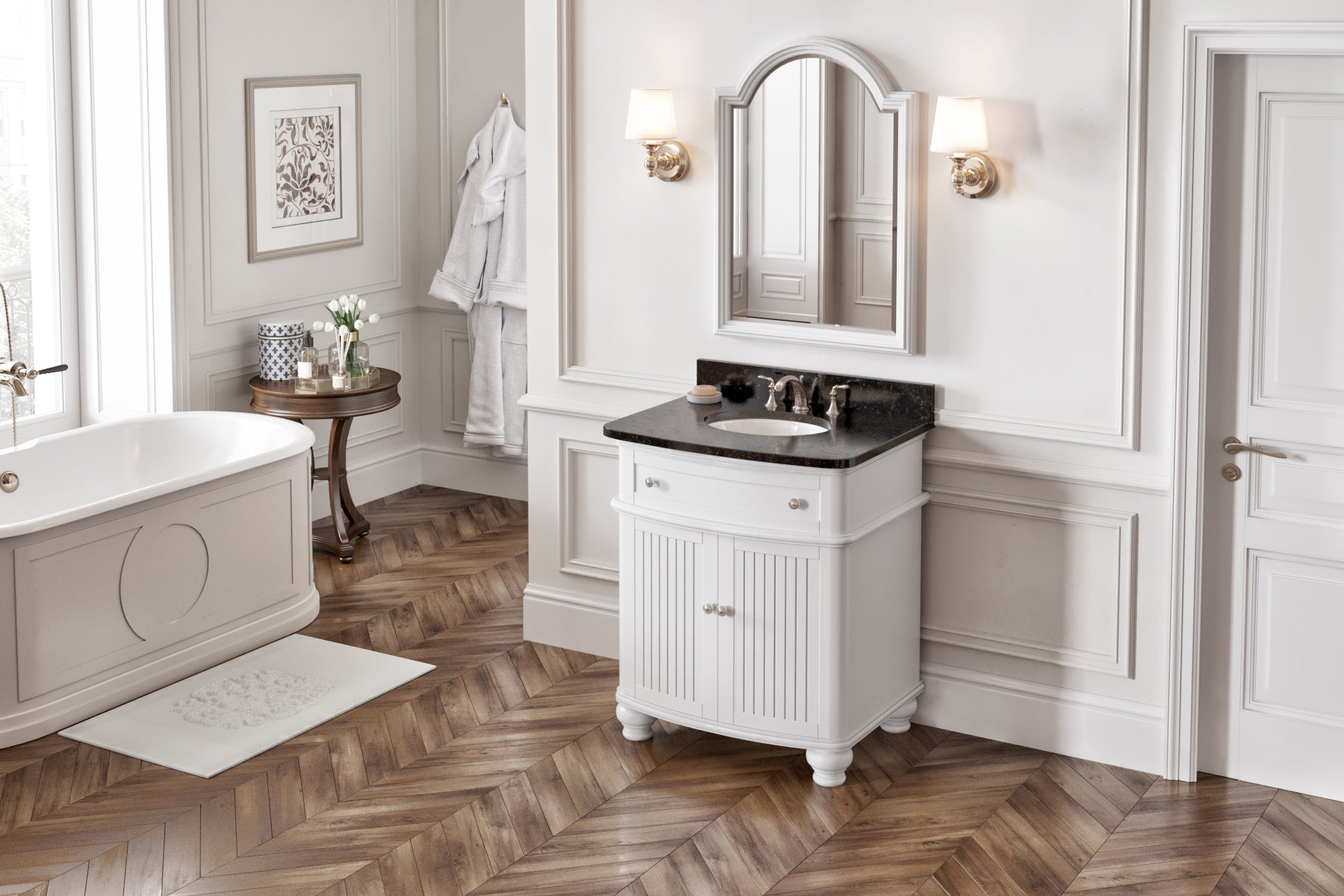 30" White Compton Vanity, Compton-only Black Granite Vanity Top, undermount oval bowl