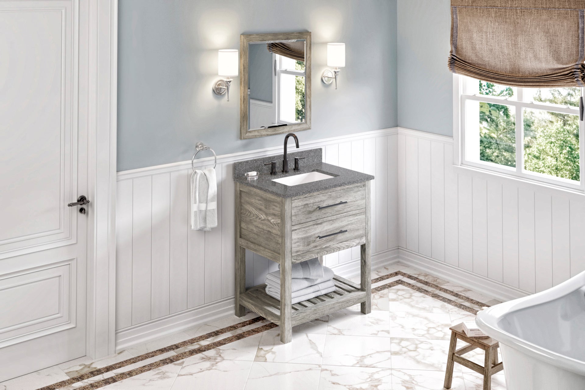30" Weathered Grey Wavecrest Vanity, Boulder Cultured Marble Vanity Top, undermount rectangle bowl | KitchBath