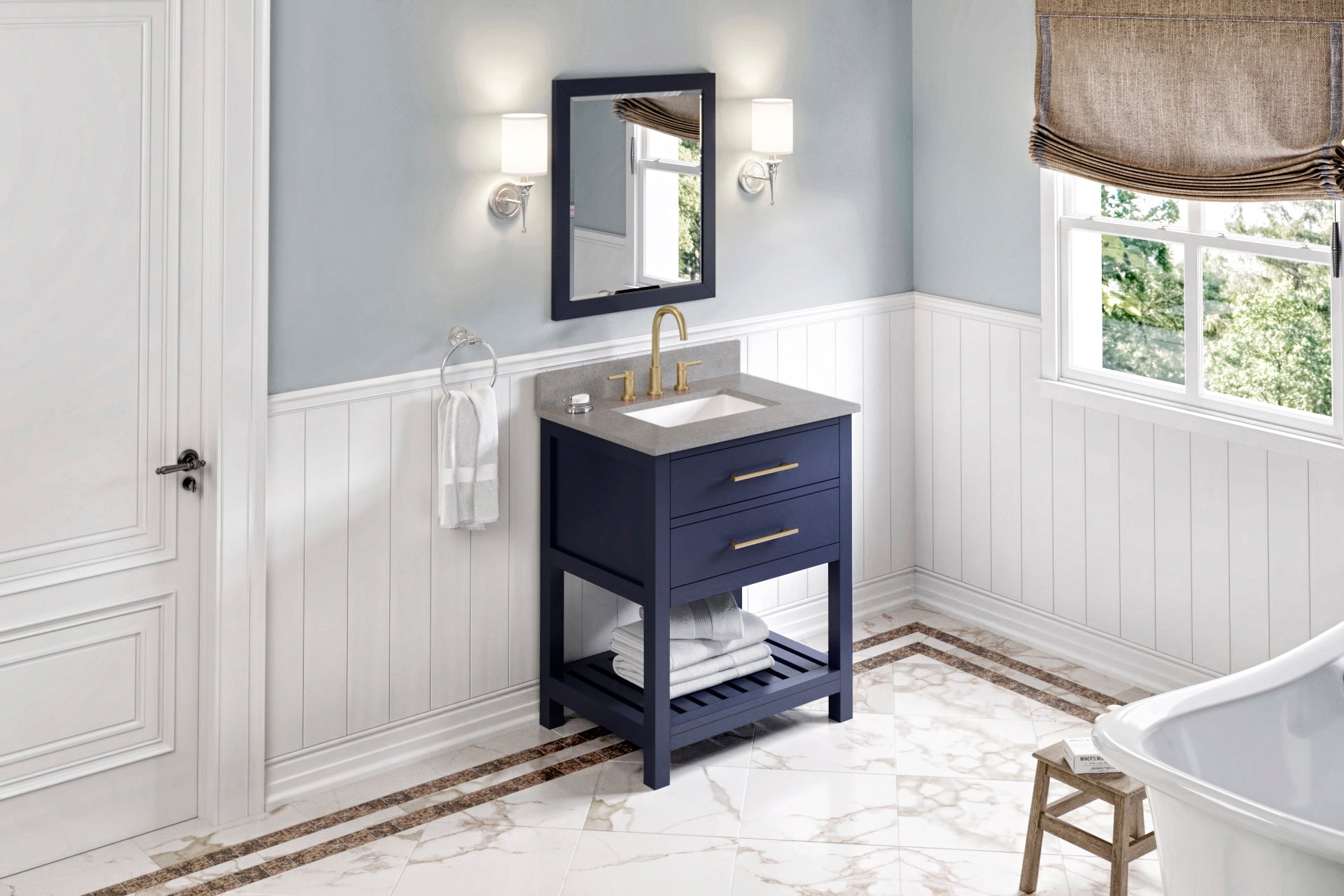 30" Hale Blue Wavecrest Vanity, Steel Grey Cultured Marble Vanity Top, undermount rectangle bowl