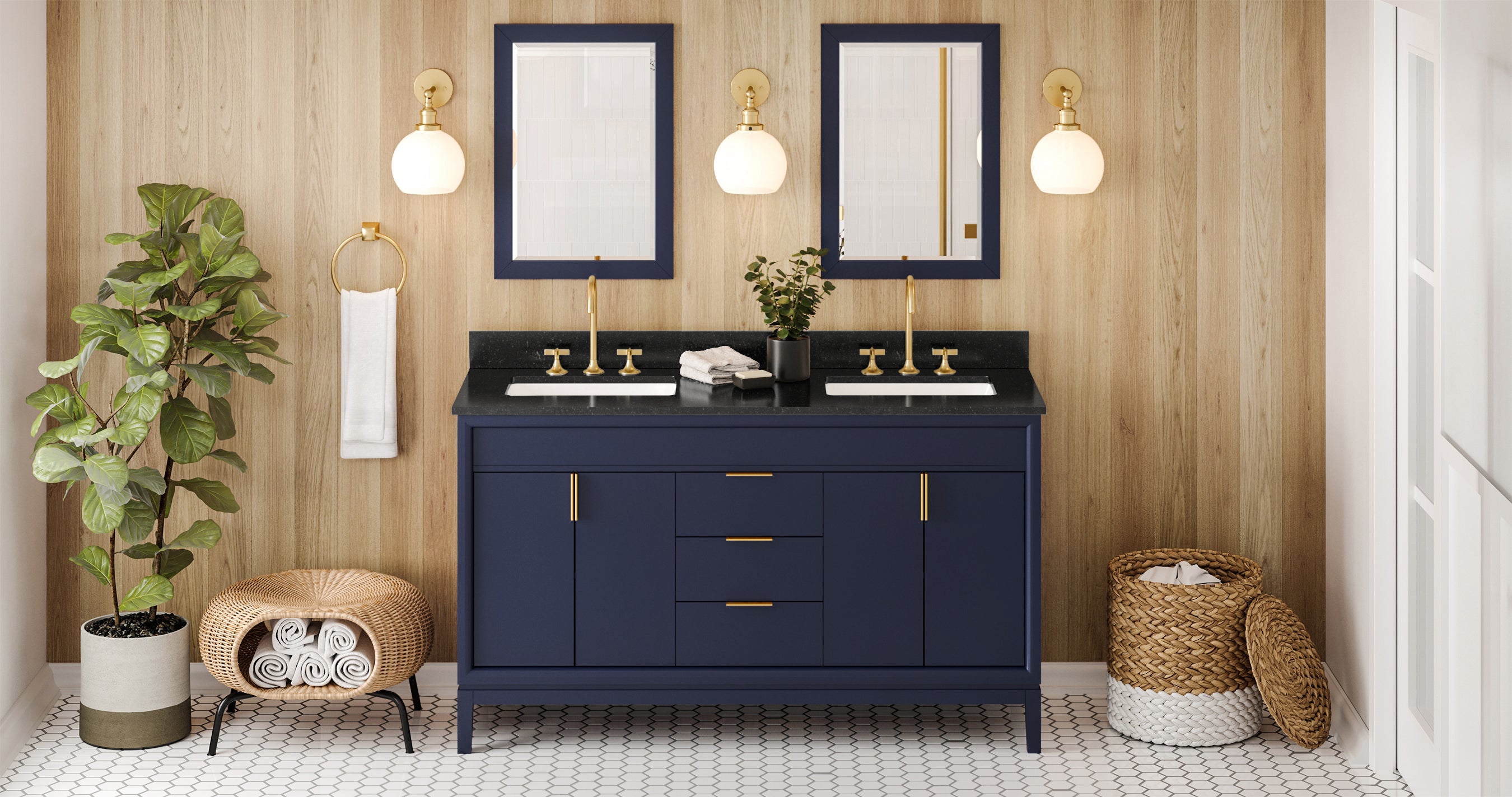 60" Hale Blue Theodora Vanity, double bowl, Black Granite Vanity Top, two undermount rectangle bowls | KitchBath