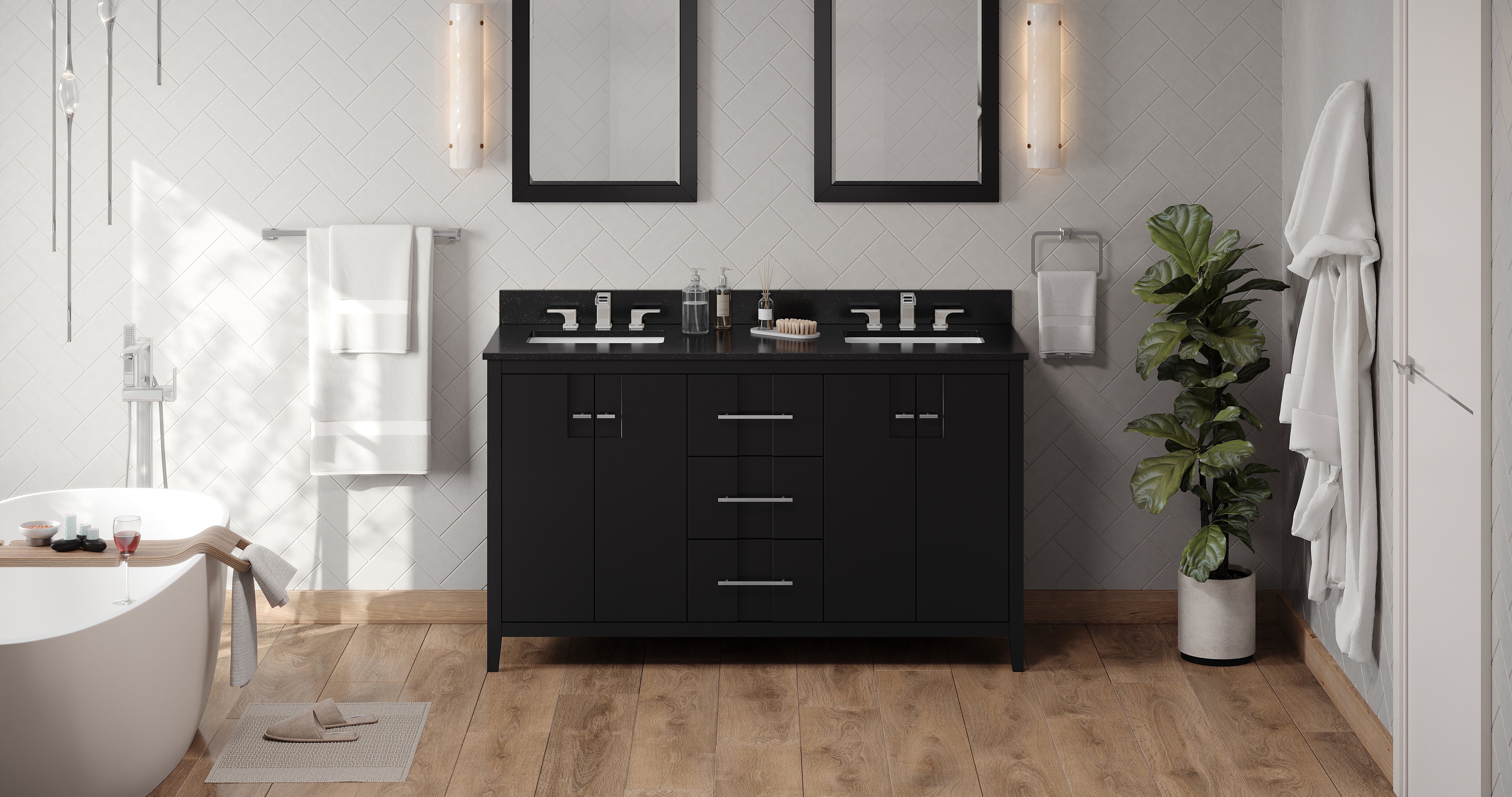 60" Black Katara Vanity, double bowl, Black Granite Vanity Top, two undermount rectangle bowls | KitchBath