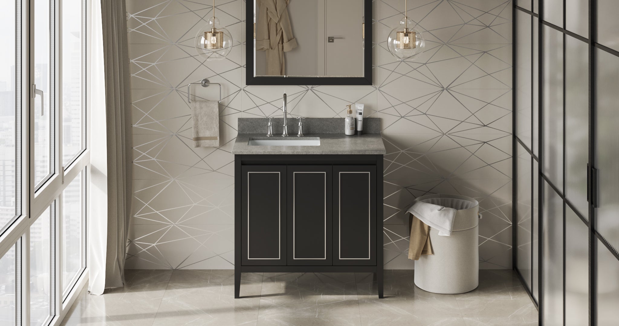 36" Black Percival Vanity, left offset, Steel Grey Cultured Marble Vanity Top, undermount rectangle bowl | KitchBath