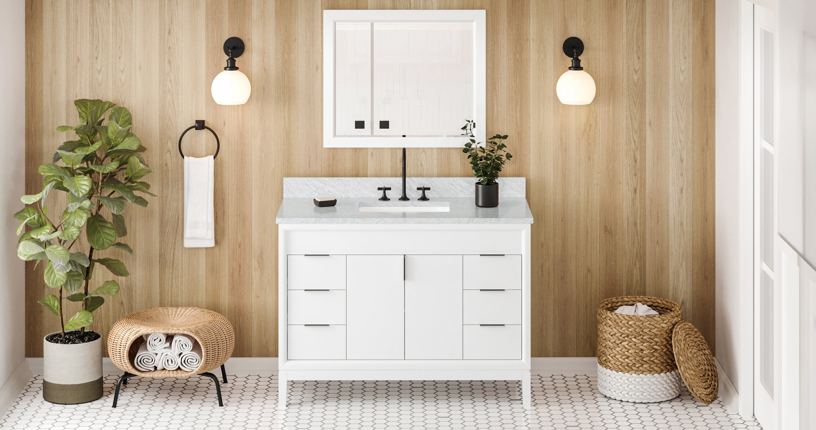 48" White Theodora Vanity, White Carrara Marble Vanity Top, undermount rectangle bowl | KitchBath