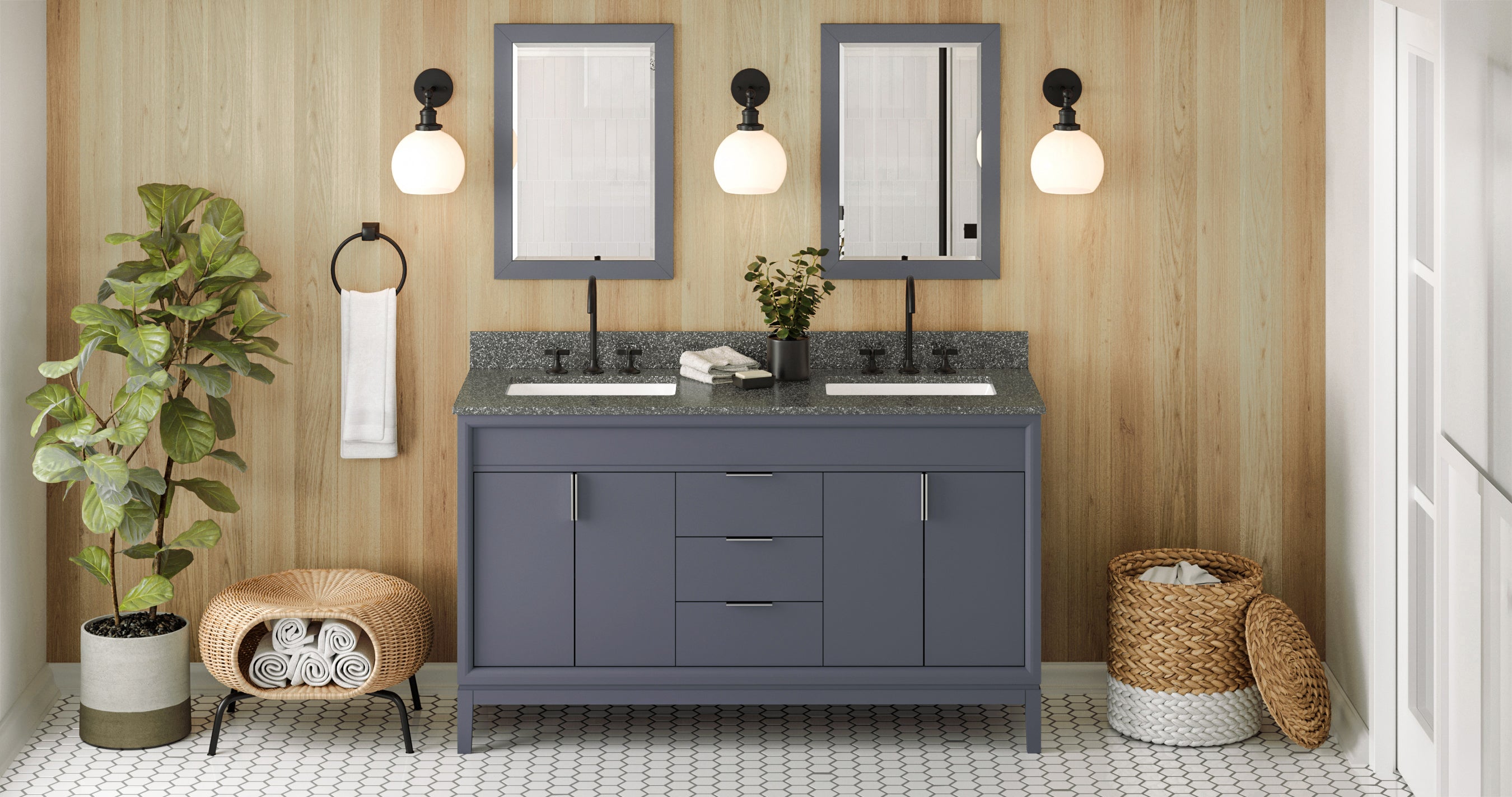60" Blue Steel Theodora Vanity, double bowl, Boulder Cultured Marble Vanity Top, two undermount rectangle bowls | KitchBath
