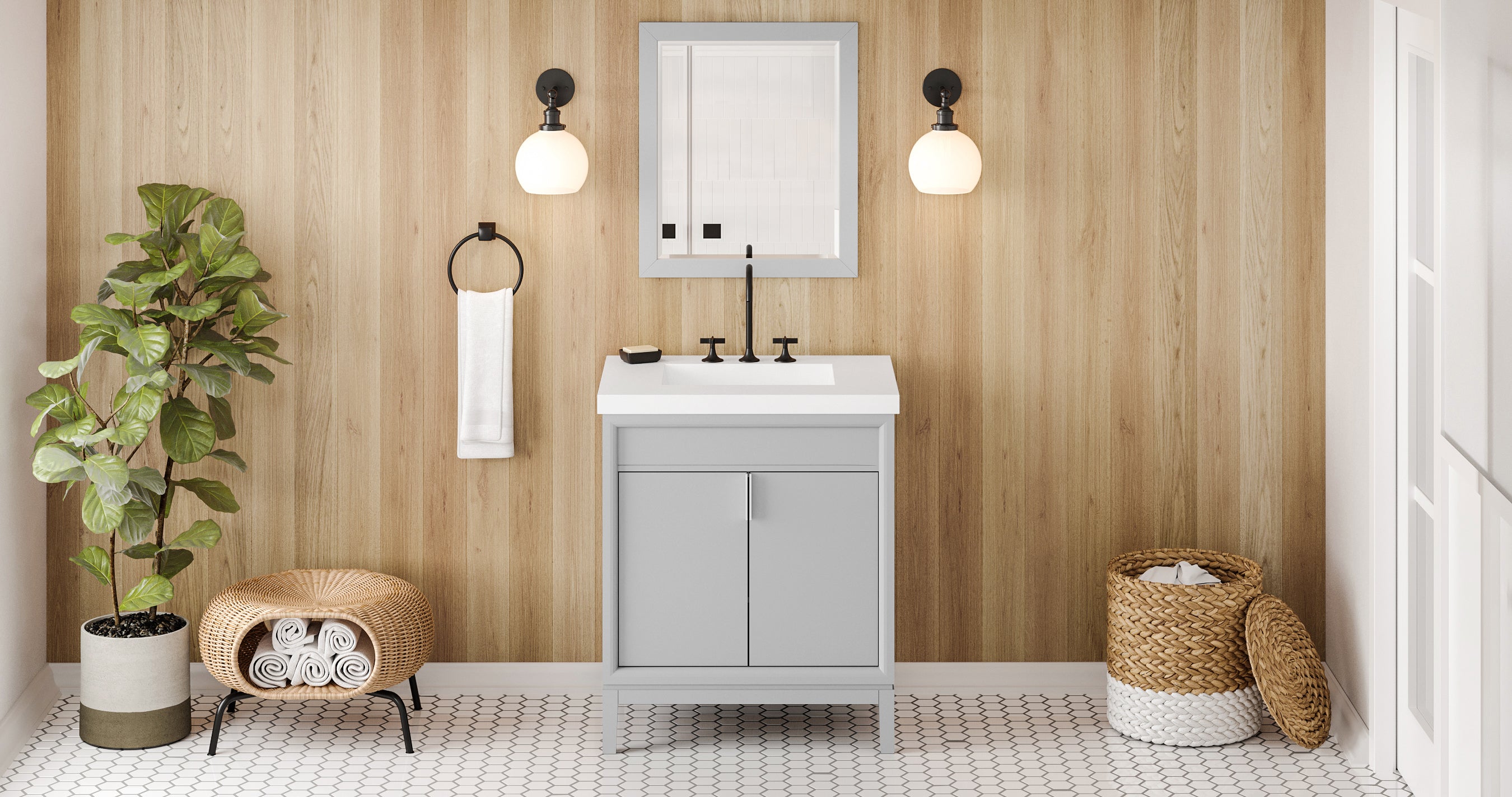30" Grey Theodora Vanity, Lavante Cultured Marble Vessel Vanity Top, integrated rectangle bowl | KitchBath