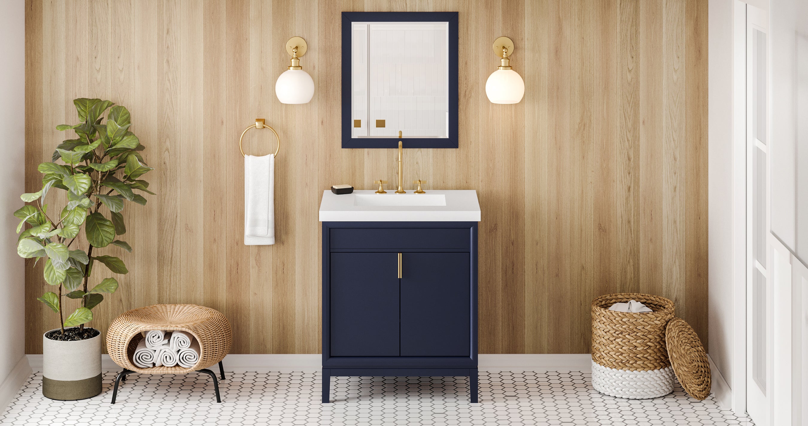 30" Hale Blue Theodora Vanity, Lavante Cultured Marble Vessel Vanity Top, integrated rectangle bowl | KitchBath