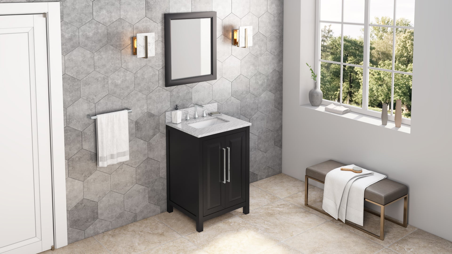 24" Black Cade Vanity, White Carrara Marble Vanity Top, undermount rectangle bowl