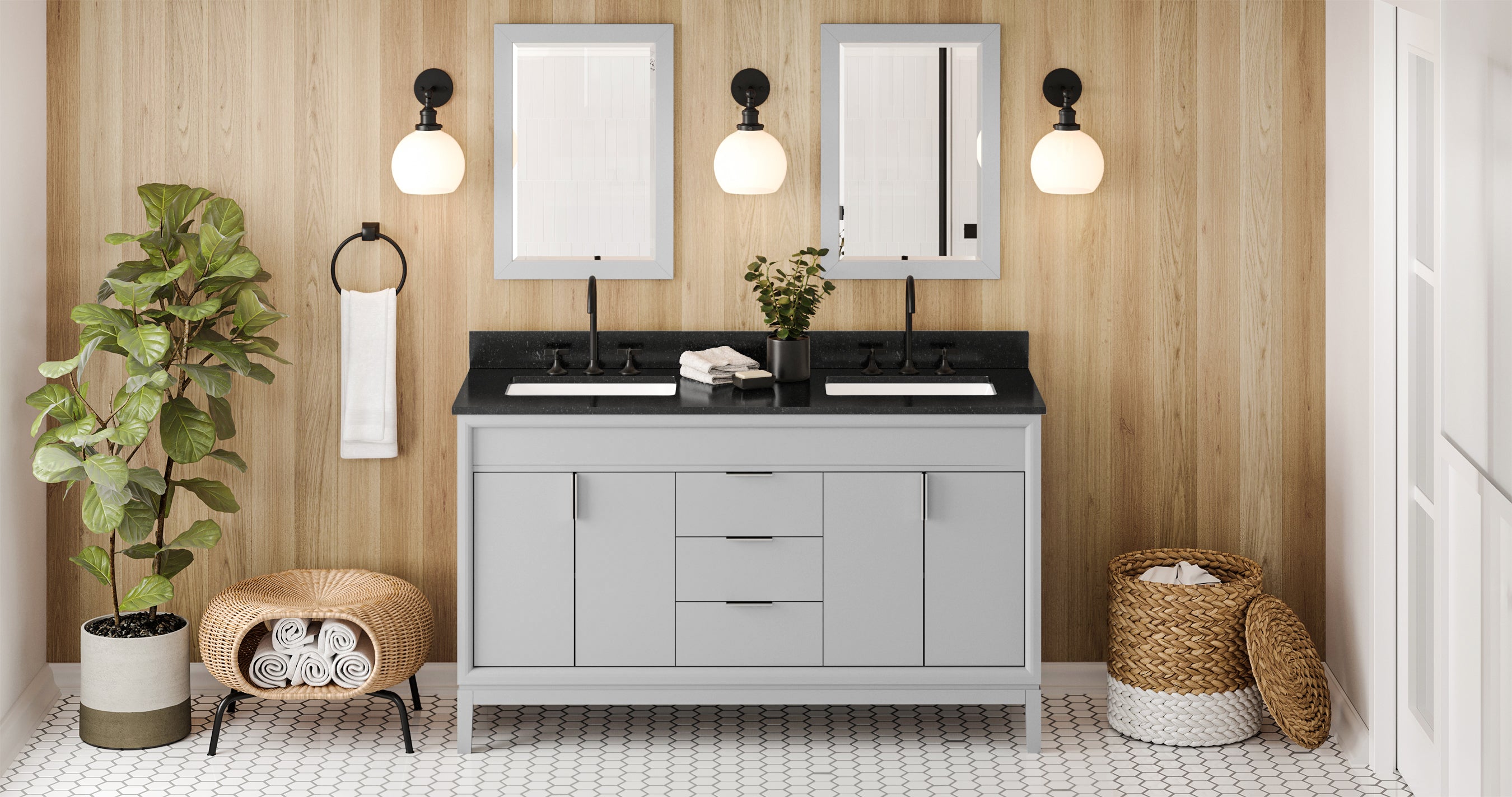 60" Grey Theodora Vanity, double bowl, Black Granite Vanity Top, two undermount rectangle bowls | KitchBath