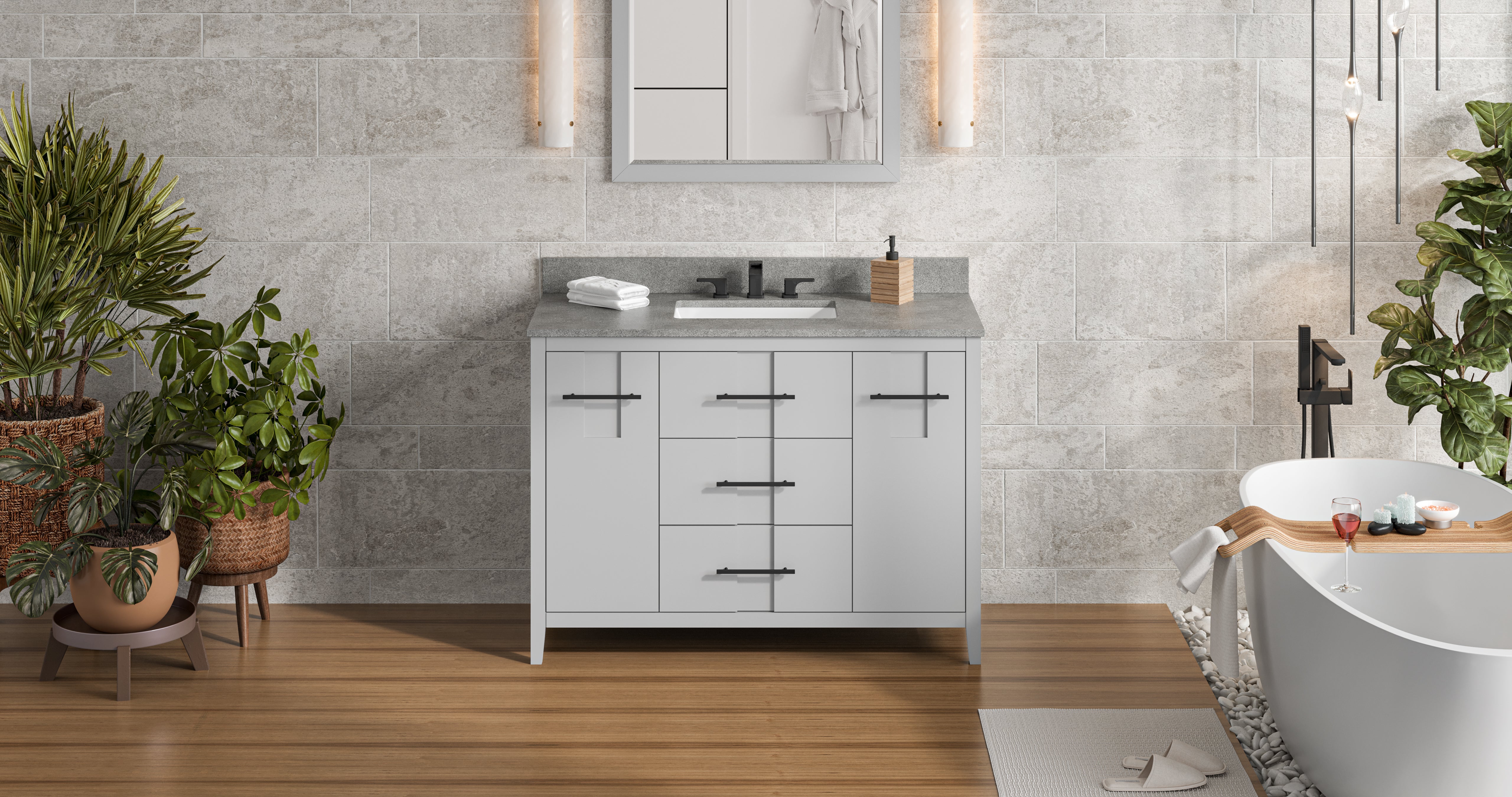 48" Grey Katara Vanity, Steel Grey Cultured Marble Vanity Top, undermount rectangle bowl | KitchBath