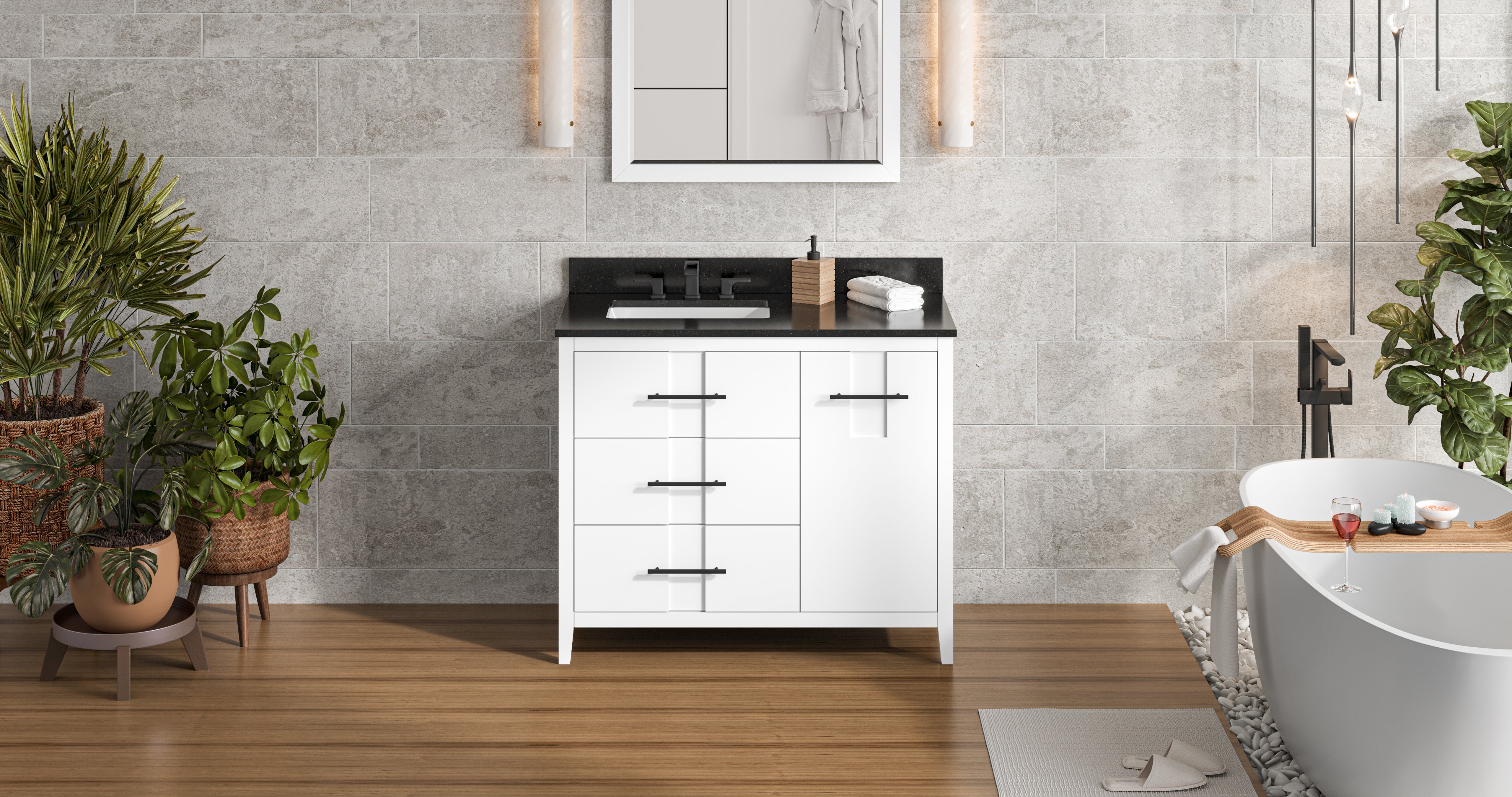 42" White Katara Vanity, left offset, Black Granite Vanity Top, undermount rectangle bowl | KitchBath
