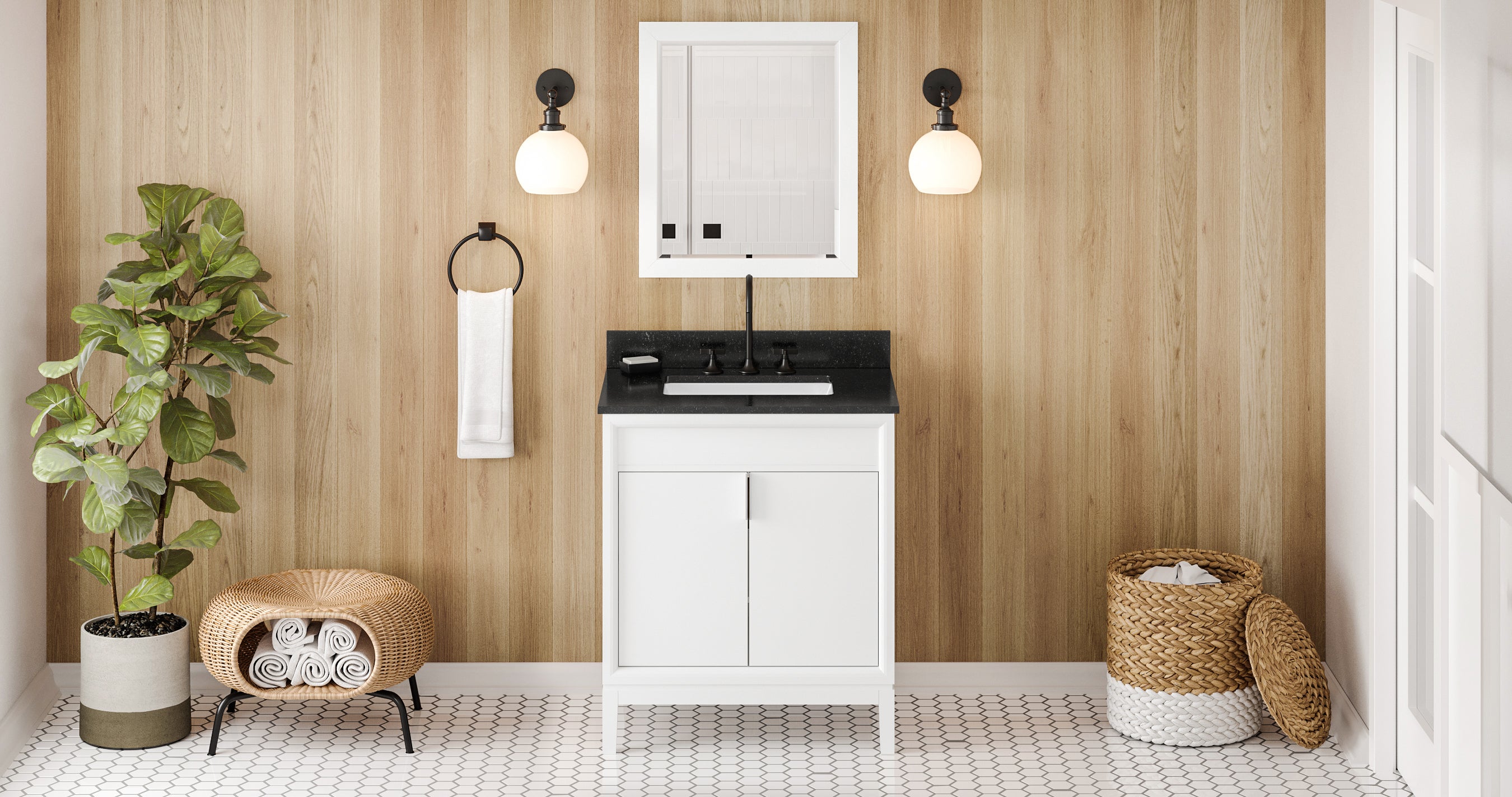 30" White Theodora Vanity, Black Granite Vanity Top, undermount rectangle bowl | KitchBath