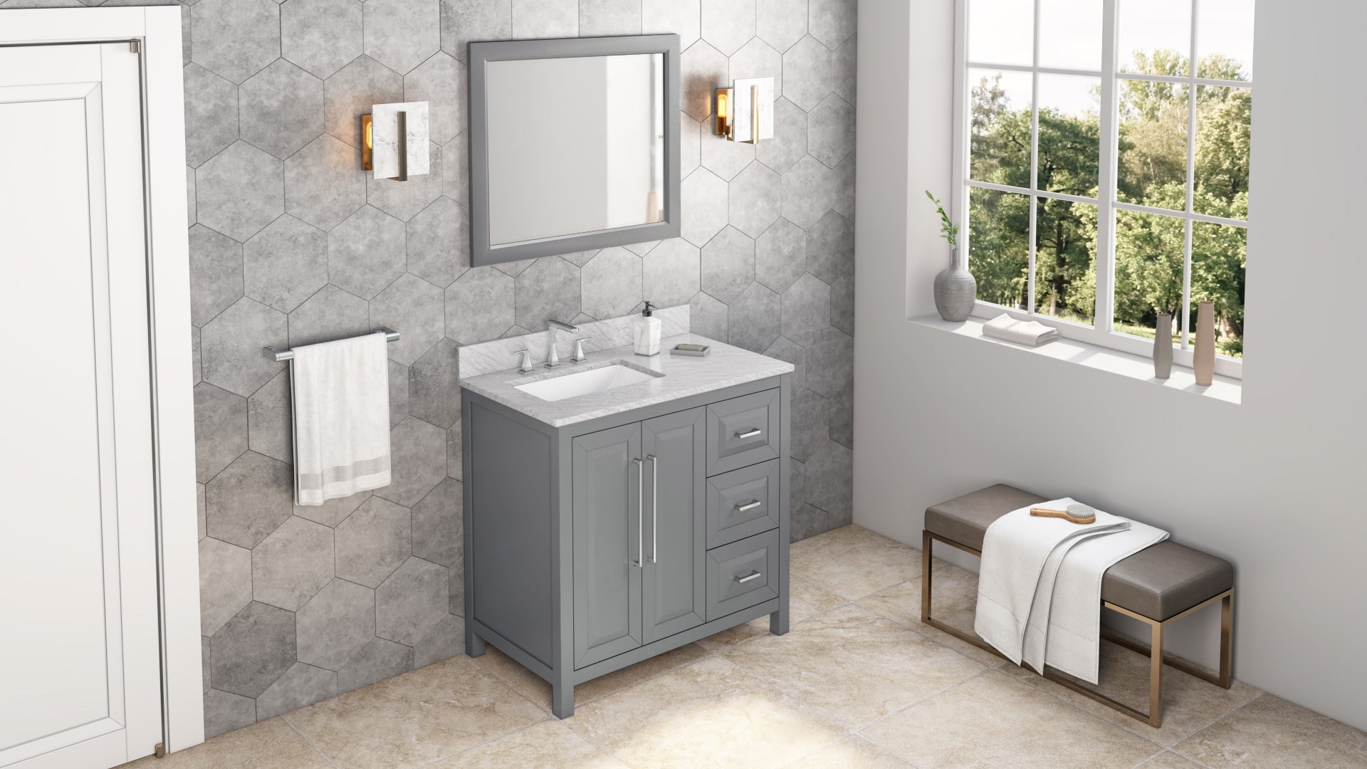 36" Grey Cade Vanity, left offset, White Carrara Marble Vanity Top, undermount rectangle bowl