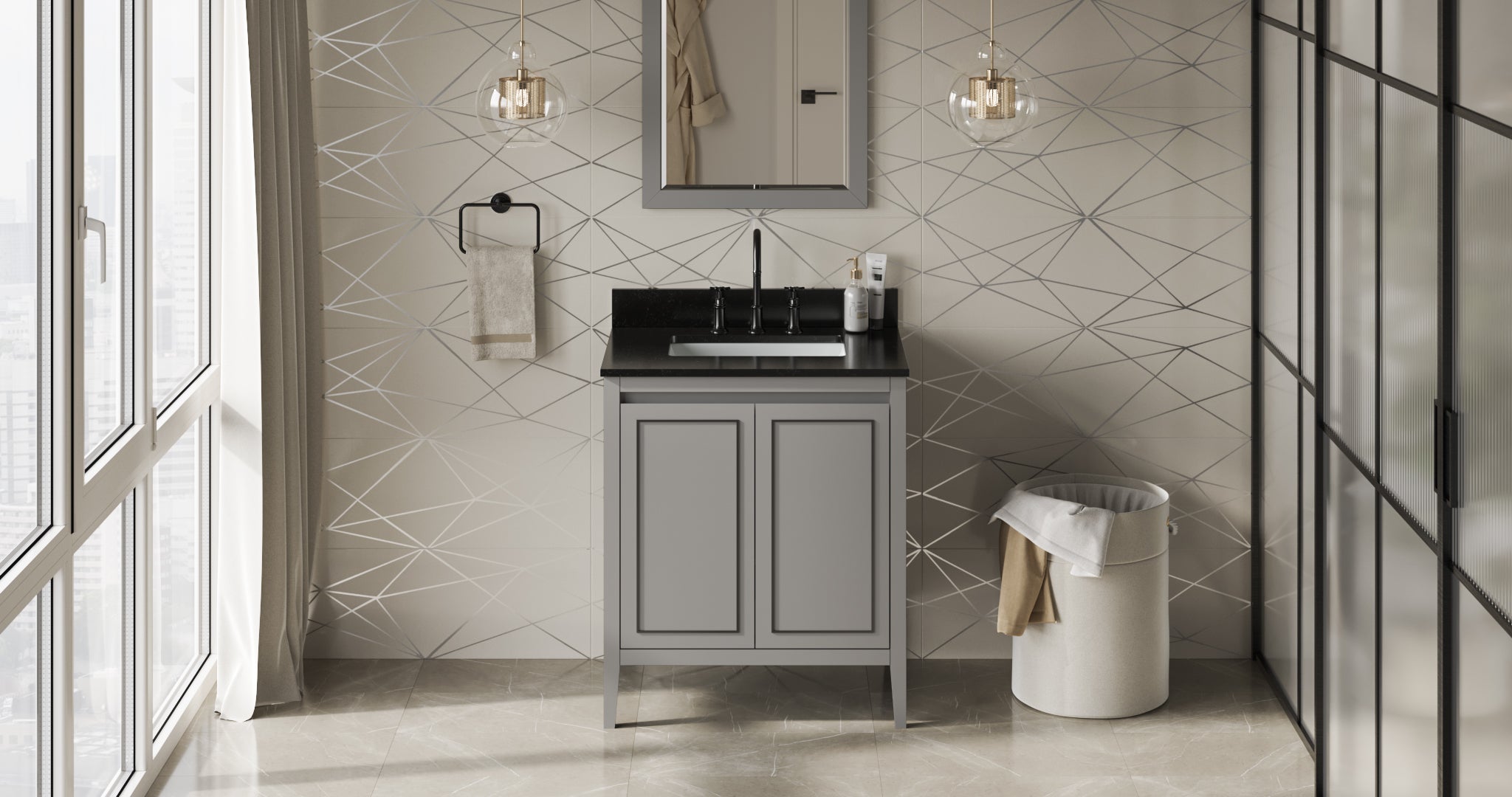 30" Grey Percival Vanity, Black Granite Vanity Top, undermount rectangle bowl | KitchBath