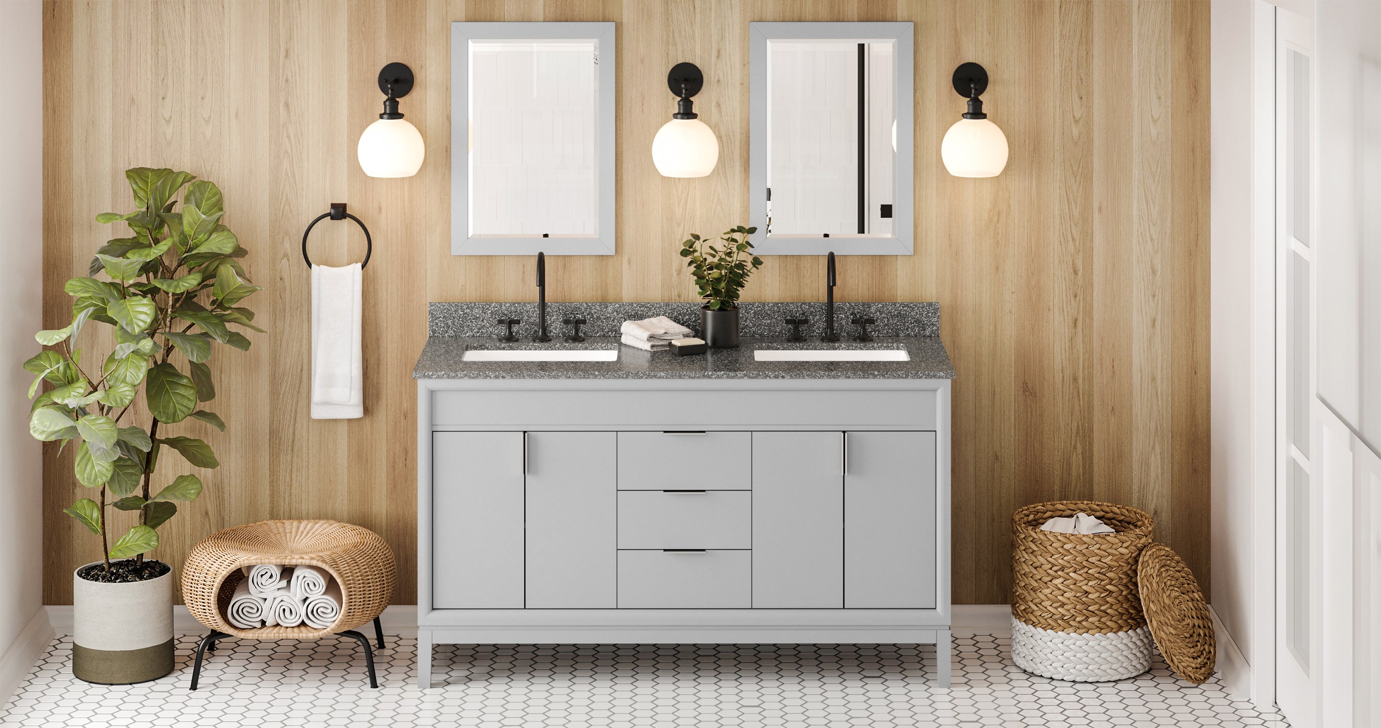 60" Grey Theodora Vanity, double bowl, Boulder Cultured Marble Vanity Top, two undermount rectangle bowls | KitchBath