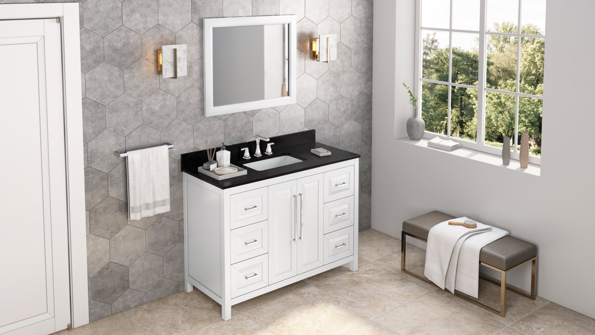 48" White Cade Vanity, Black Granite Vanity Top, undermount rectangle bowl