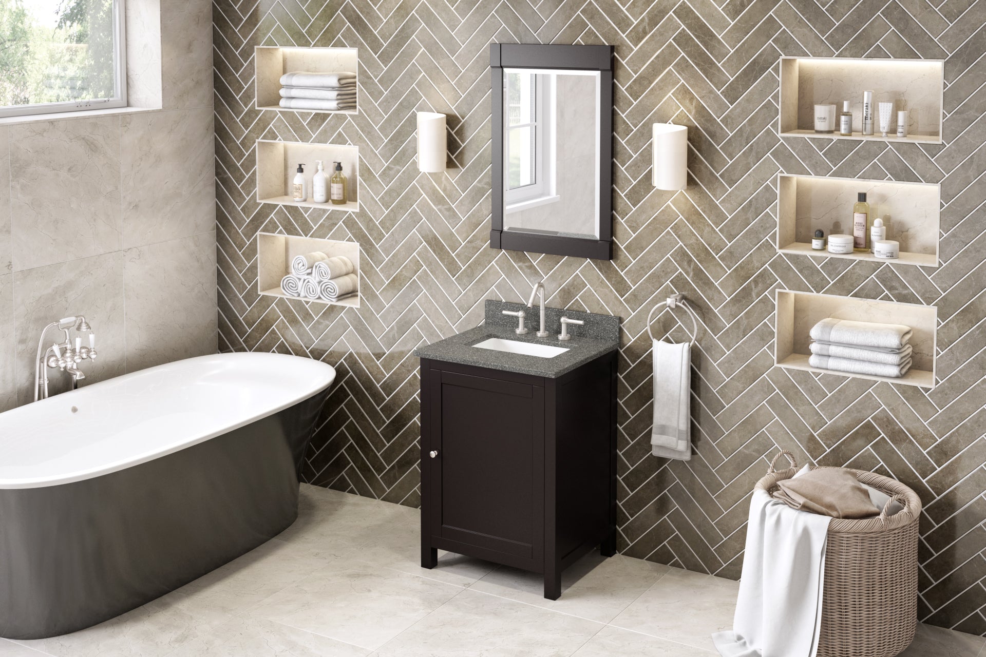 24" Espresso Astoria Vanity, Boulder Cultured Marble Vanity Top, undermount rectangle bowl