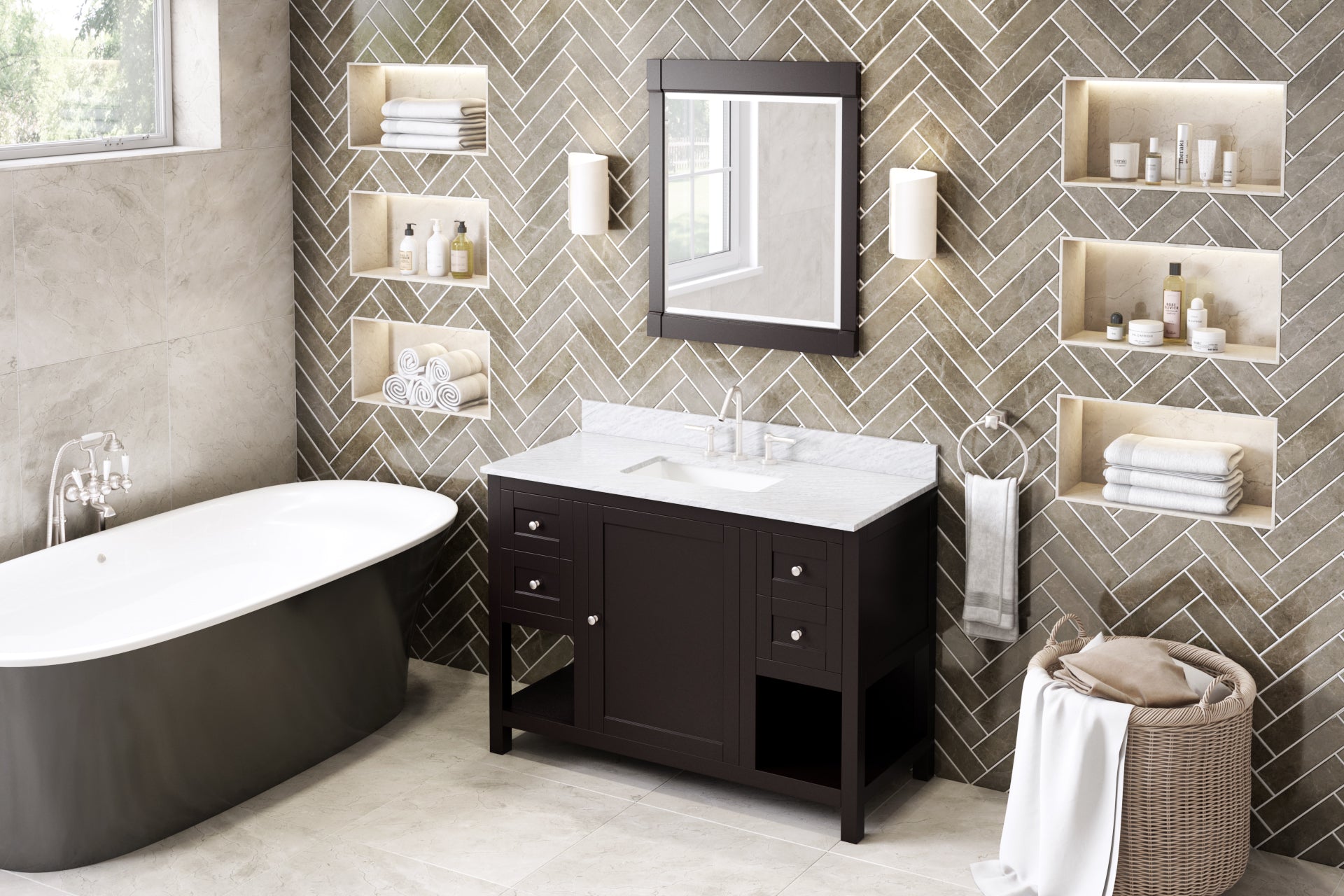 48" Espresso Astoria Vanity, White Carrara Marble Vanity Top, undermount rectangle bowl