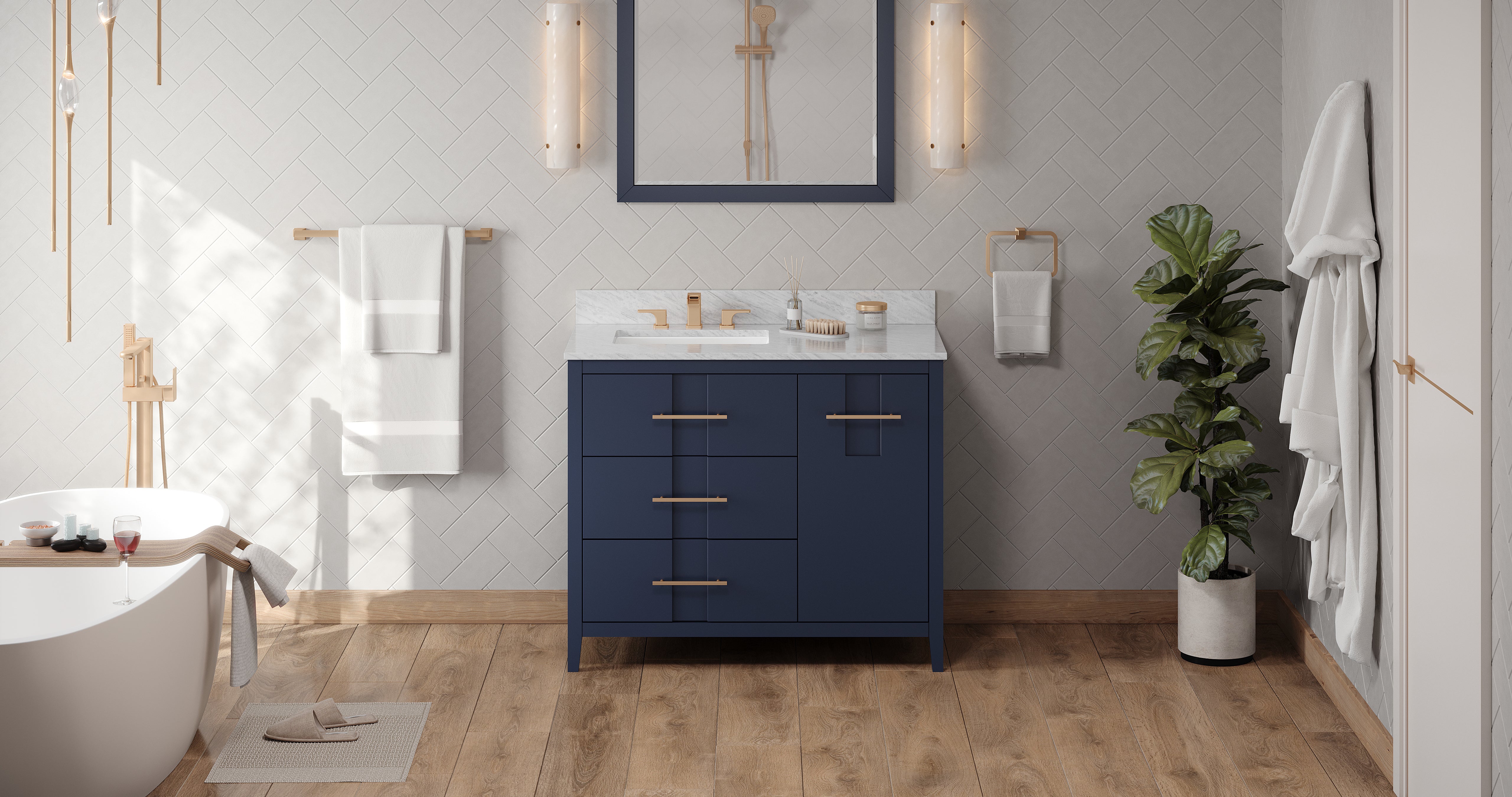 42" Hale Blue Katara Vanity, left offset, White Carrara Marble Vanity Top, undermount rectangle bowl | KitchBath
