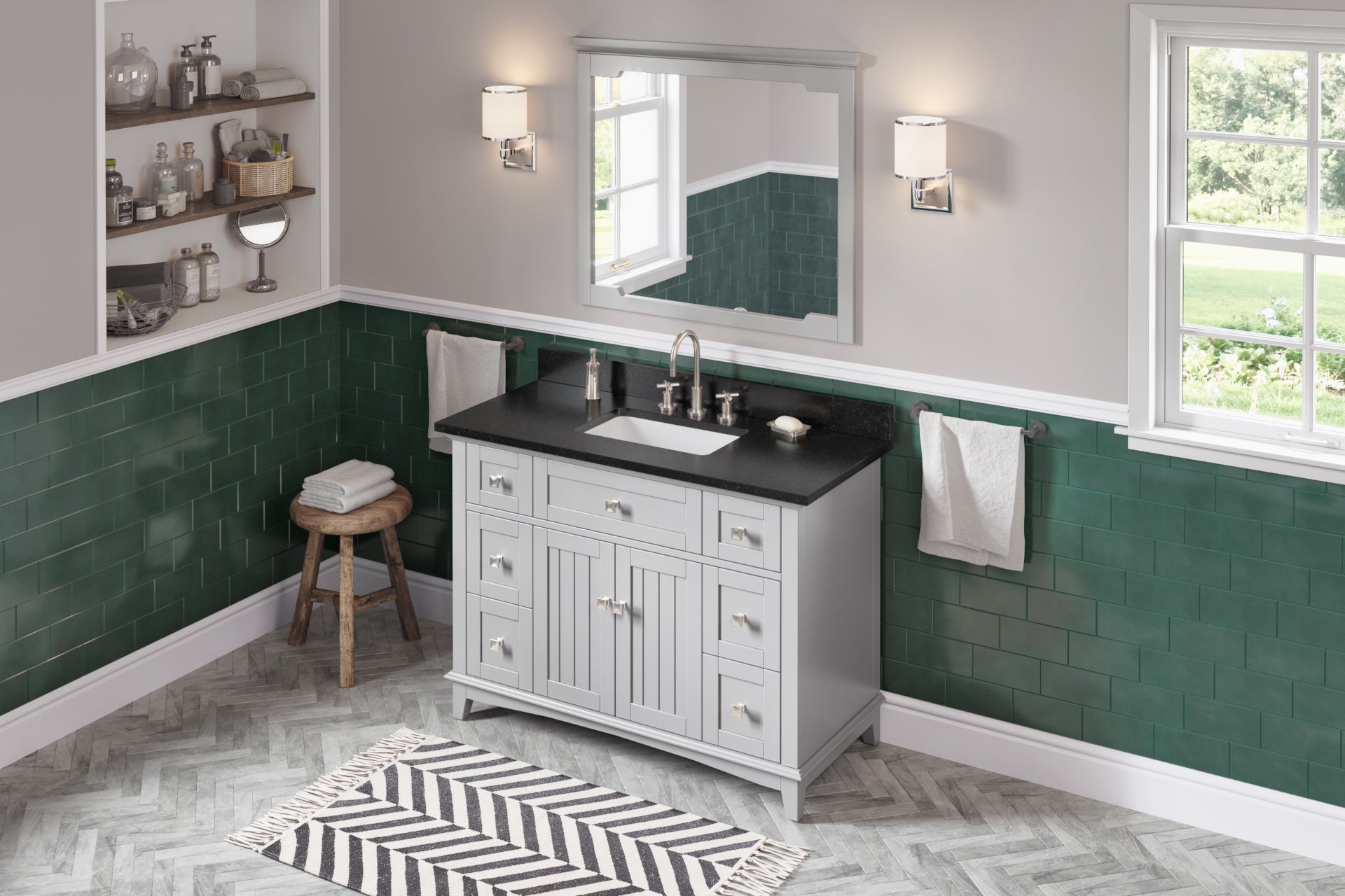 48" Grey Savino Vanity, Black Granite Vanity Top, undermount rectangle bowl