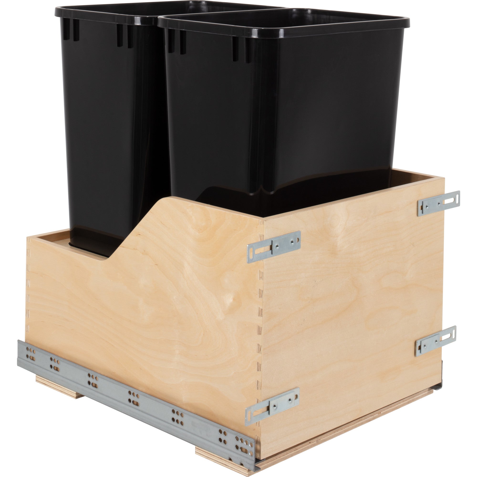 Double 50 Quart Wood Bottom-Mount Soft-close Trashcan Rollout for Door Mounting, Includes Two Black Cans | KitchBath