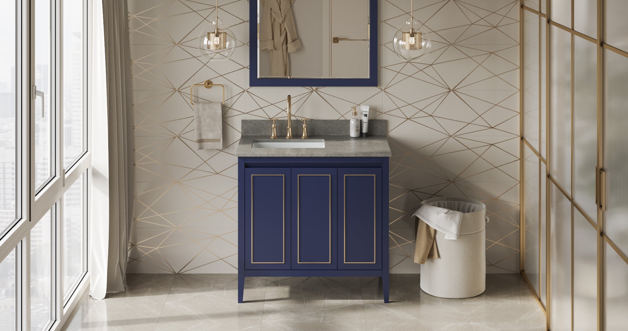 36" Hale Blue Percival Vanity, left offset, Steel Grey Cultured Marble Vanity Top, undermount rectangle bowl | KitchBath