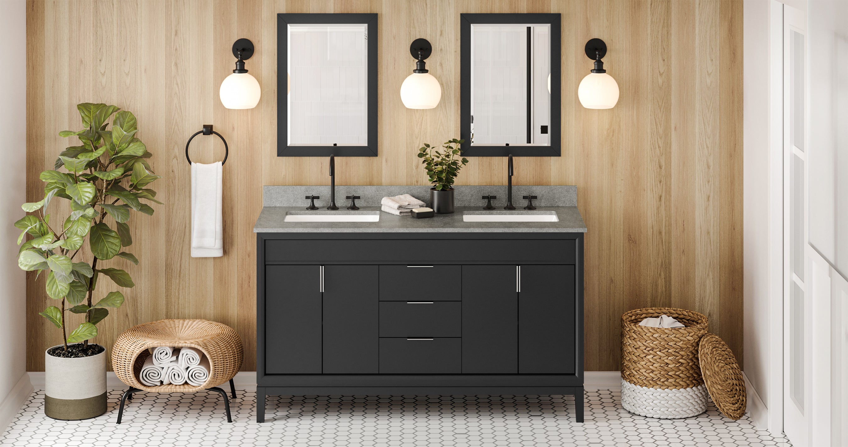 60" Black Theodora Vanity, double bowl, Steel Grey Cultured Marble Vanity Top, two undermount rectangle bowls | KitchBath
