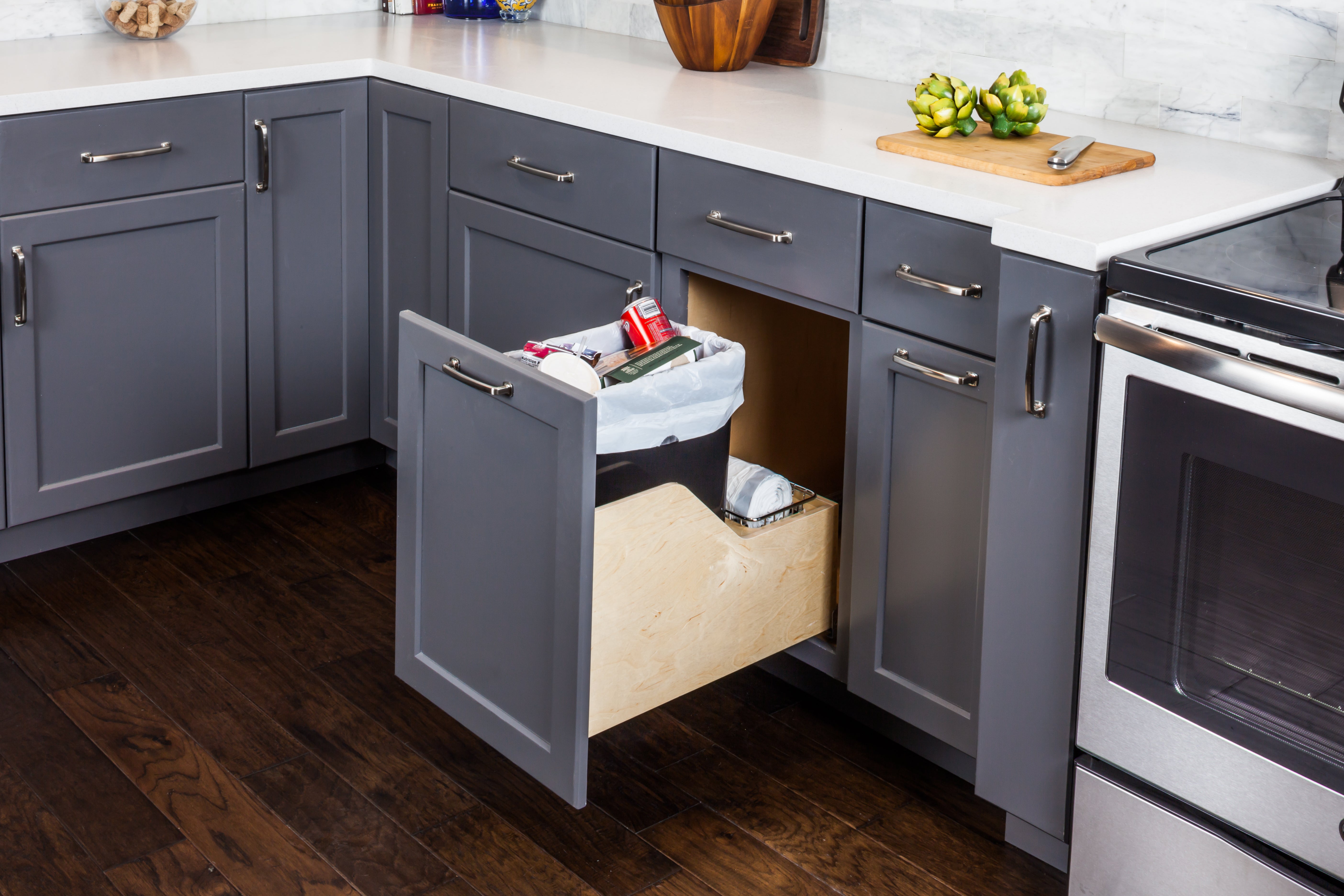 Single 35 Quart Wood Bottom-Mount Soft-close Trashcan Rollout for Door Mounting, Includes One Black Can | KitchBath