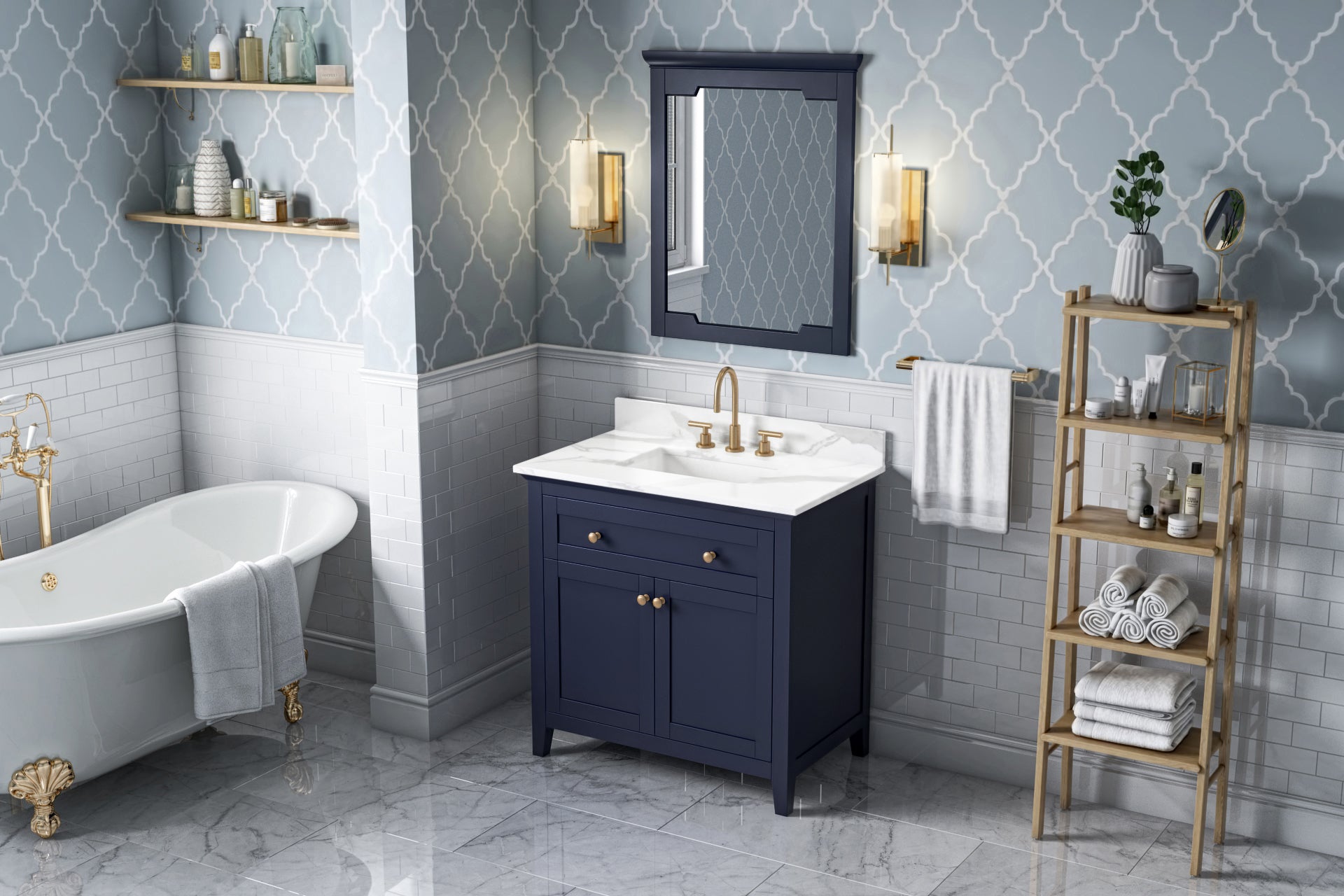 36" Hale Blue Chatham Vanity, Calacatta Vienna Quartz Vanity Top, undermount rectangle bowl