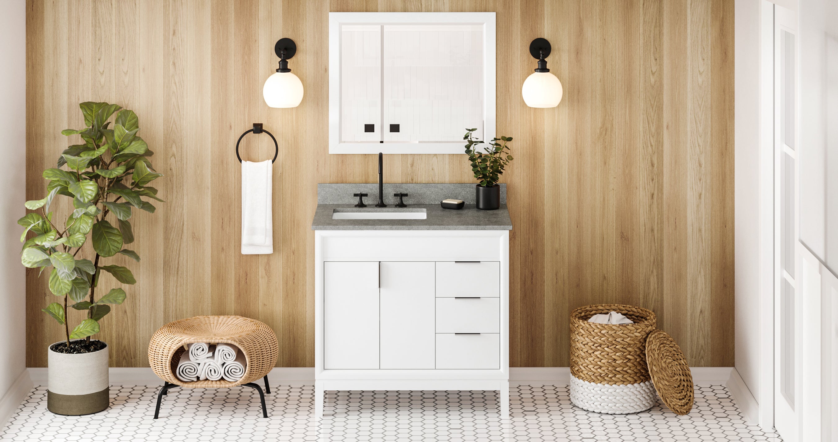 36" White Theodora Vanity, left offset, Steel Grey Cultured Marble Vanity Top, undermount rectangle bowl | KitchBath