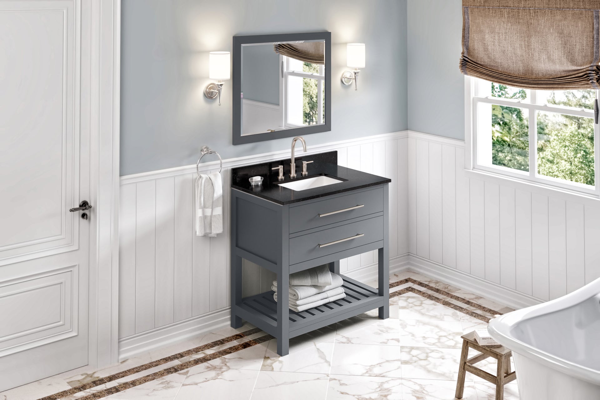 36" Grey Wavecrest Vanity, Black Granite Vanity Top, undermount rectangle bowl