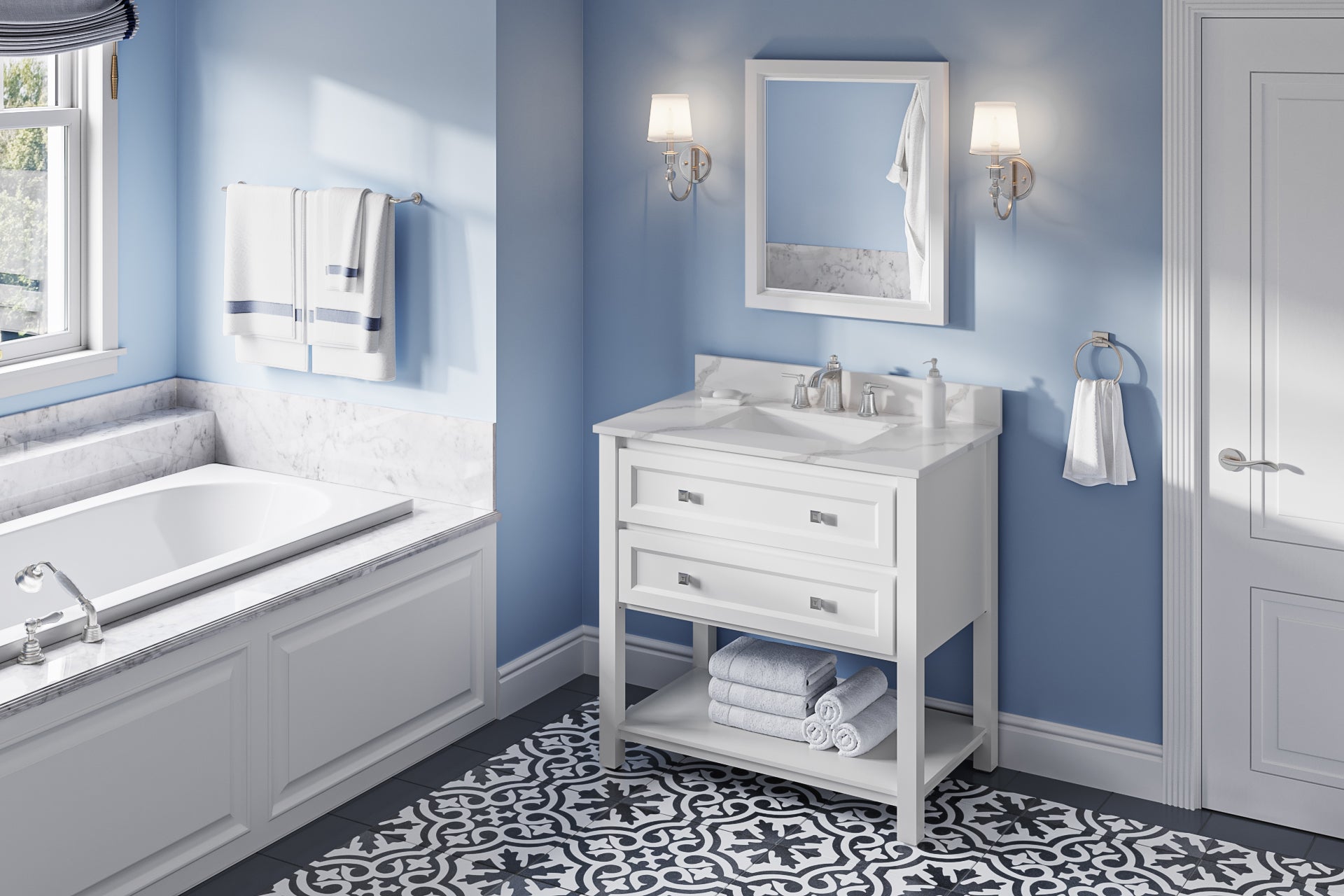 36" White Adler Vanity, Calacatta Vienna Quartz Vanity Top, undermount rectangle bowl