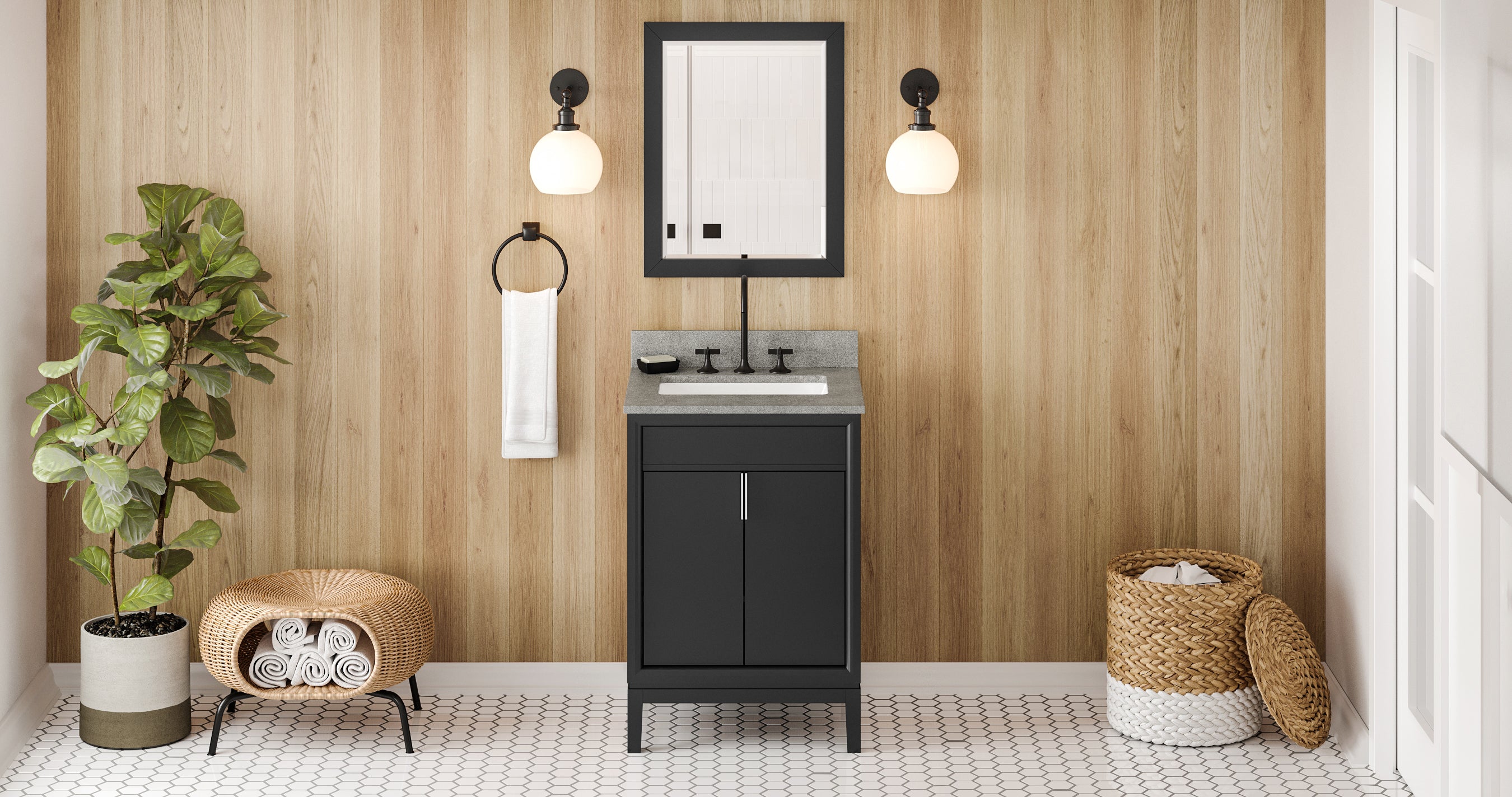 24" Black Theodora Vanity, Steel Grey Cultured Marble Vanity Top, undermount rectangle bowl | KitchBath