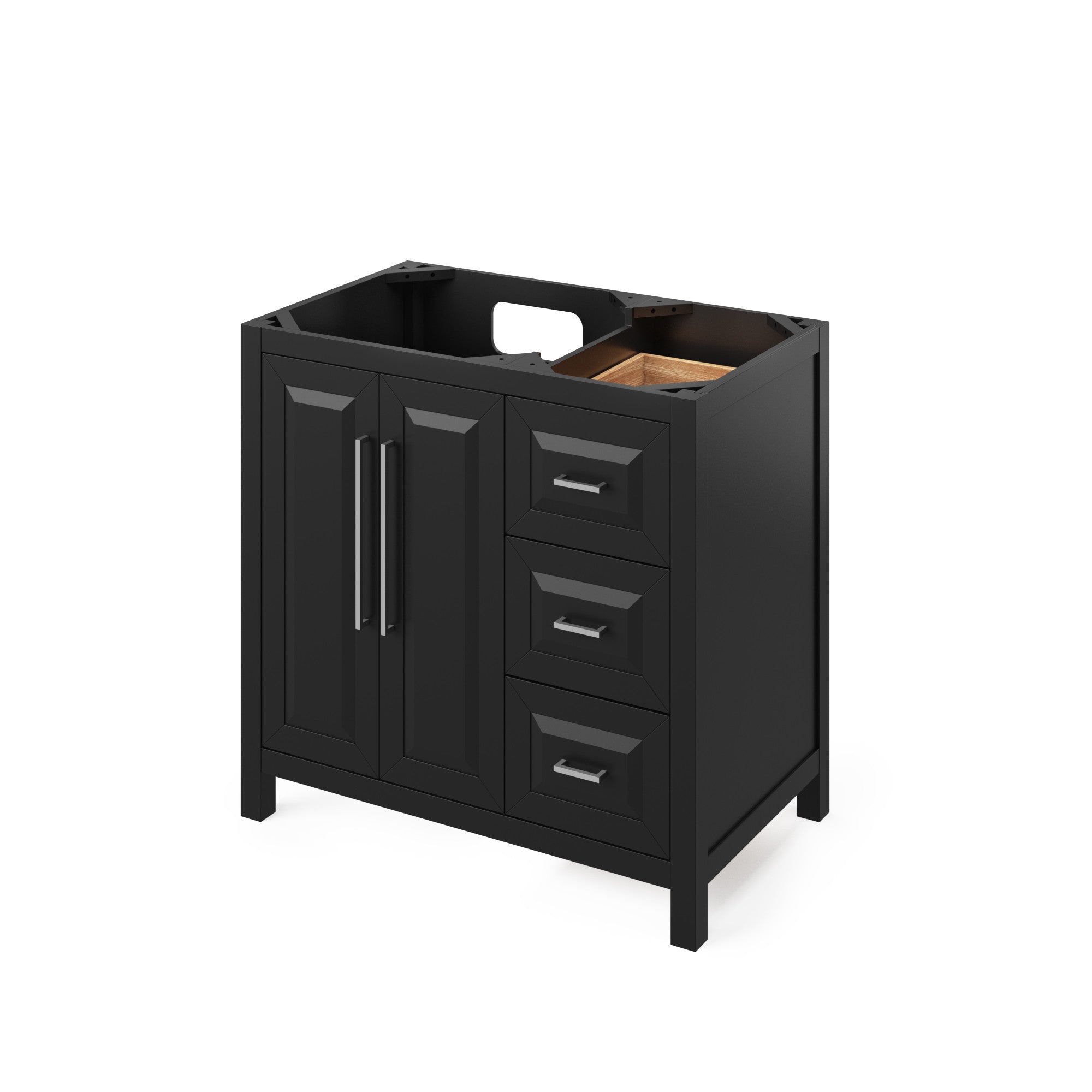 36" Black Cade Vanity, left offset, Steel Grey Cultured Marble Vanity Top, undermount rectangle bowl | KitchBath