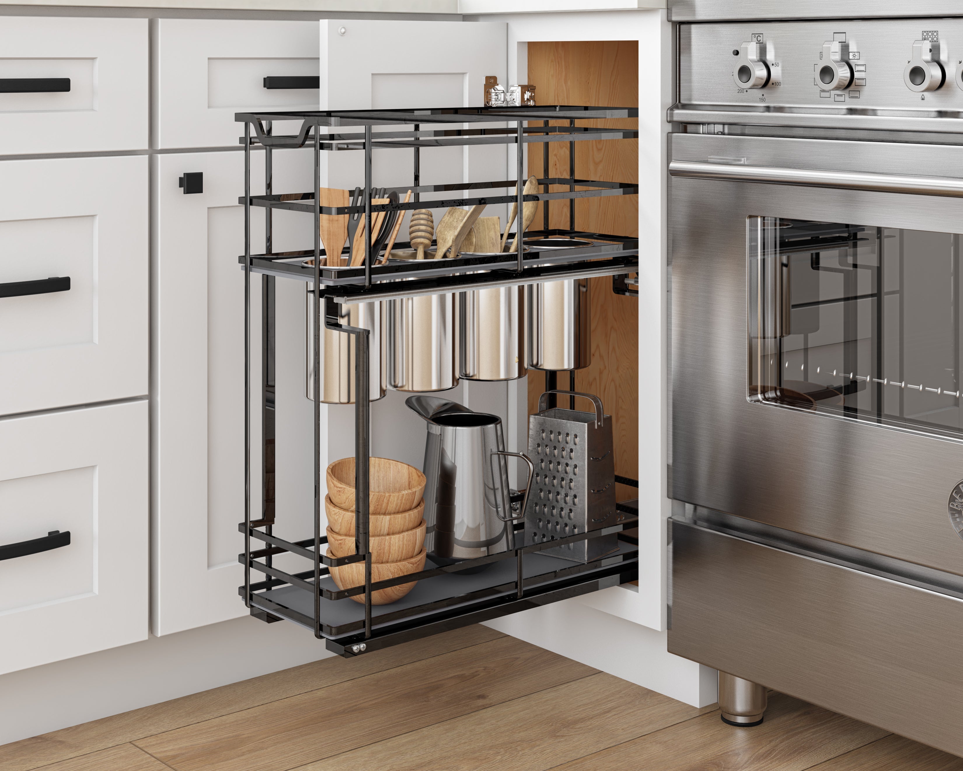 8" Black Nickel STORAGE WITH STYLE® Metal "No Wiggle" Soft-close Utensil Base Pullout | KitchBath