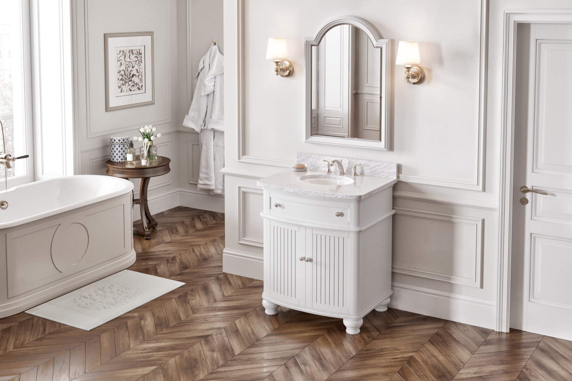 30" White Compton Vanity, Compton-only White Carrara Marble Vanity Top, undermount oval bowl