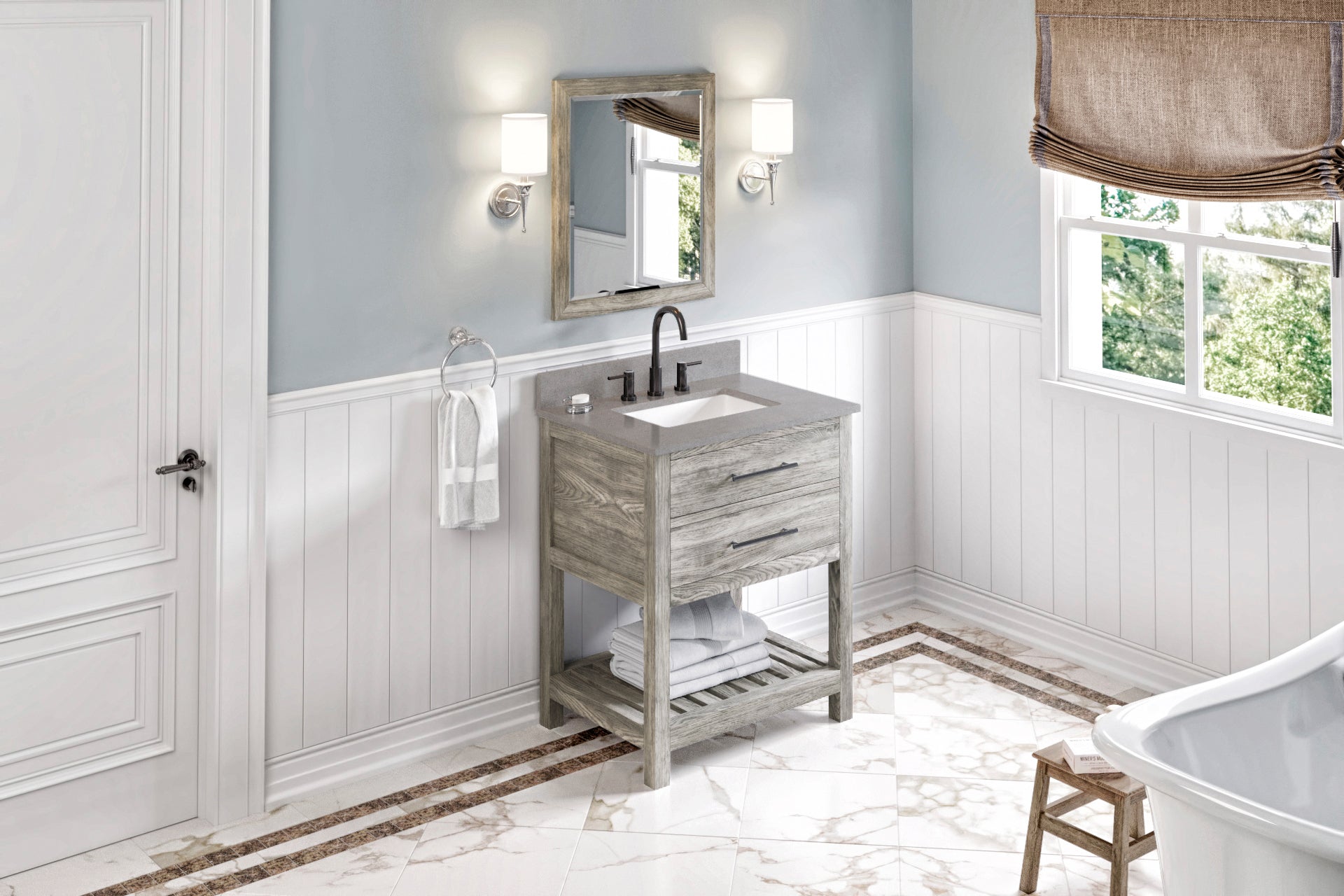 30" Weathered Grey Wavecrest Vanity, Steel Grey Cultured Marble Vanity Top, undermount rectangle bowl | KitchBath